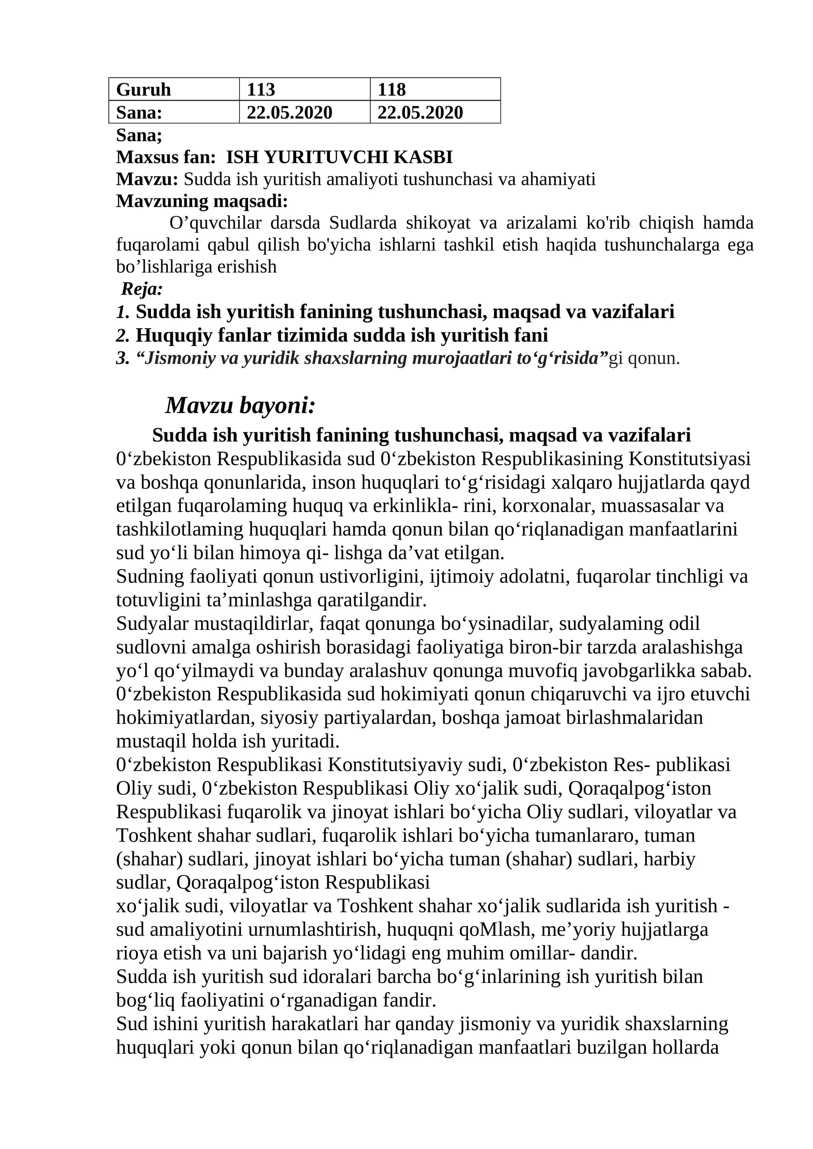 Sudda ish yuritish amaliyoti tushunchasi va ahamiyati