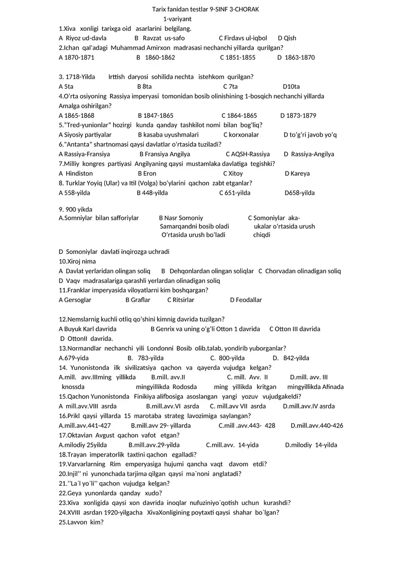 Tarix fanidan testlar 9-SINF 3-CHORAK