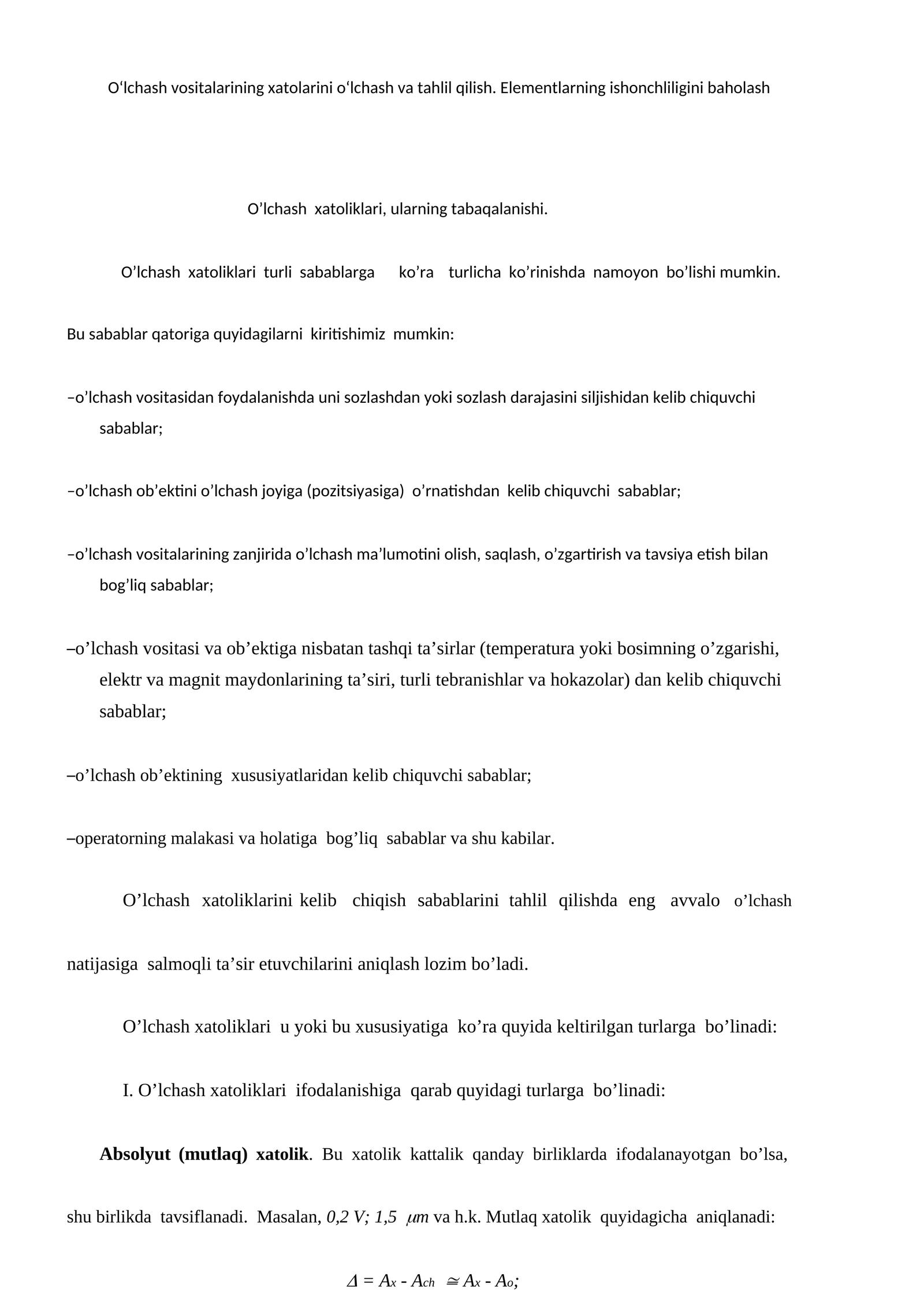 O‘lchash xatoliklari va ularning sabablari