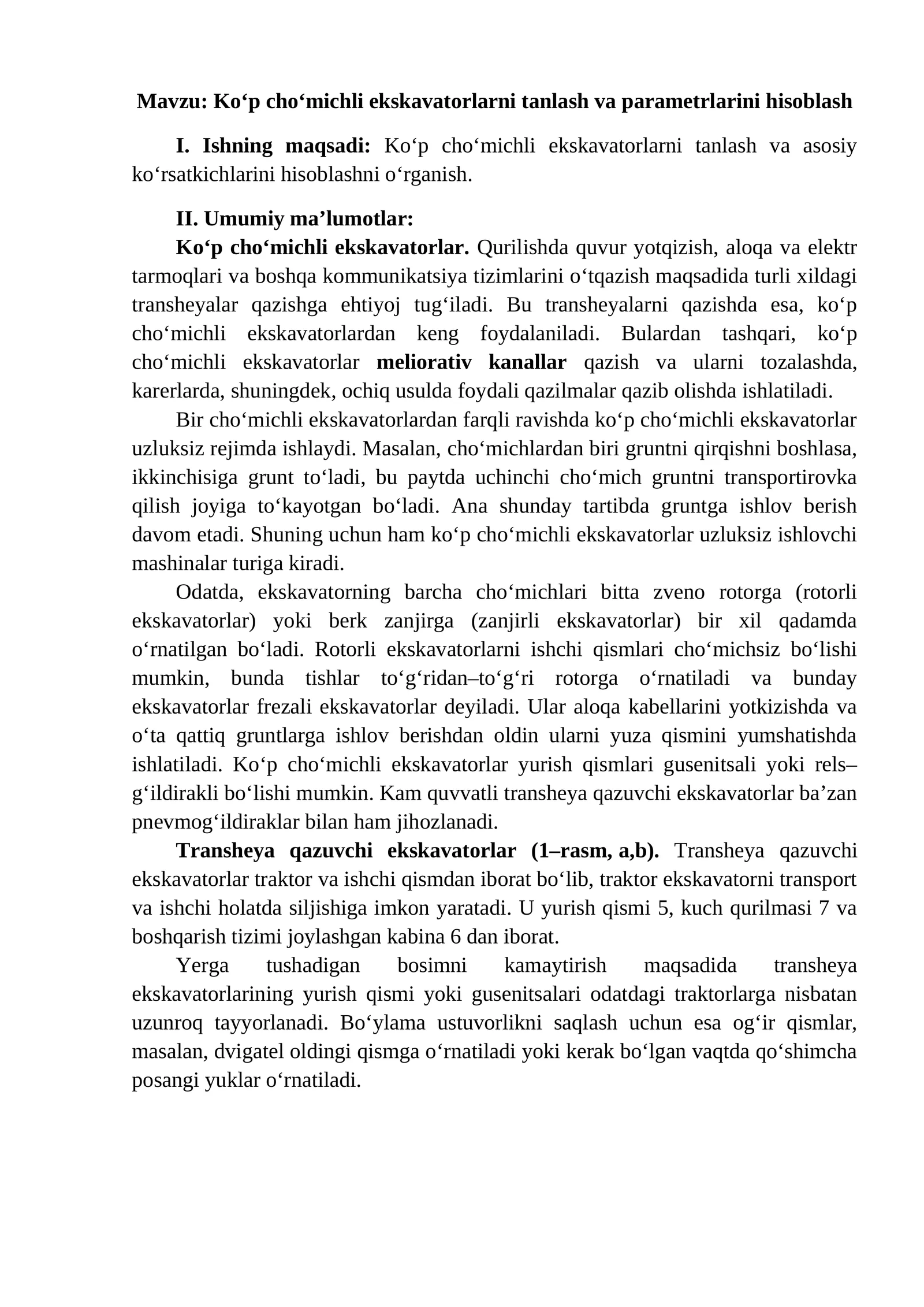 Ko‘p cho‘michli ekskavatorlarni tanlash va parametrlarini hisoblash