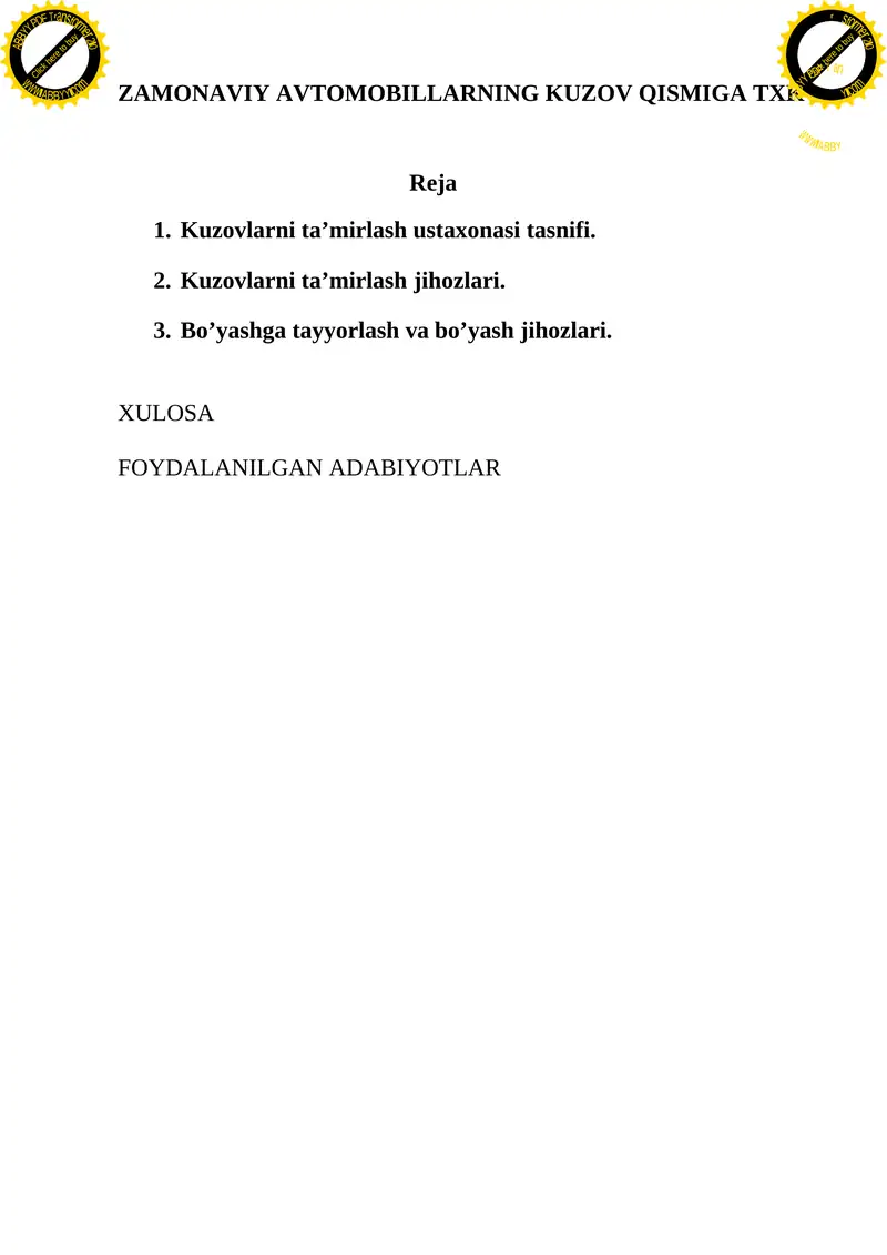 ZAMONAVIY AVTOMOBILLARNING KUZOV QISMIGA TXK