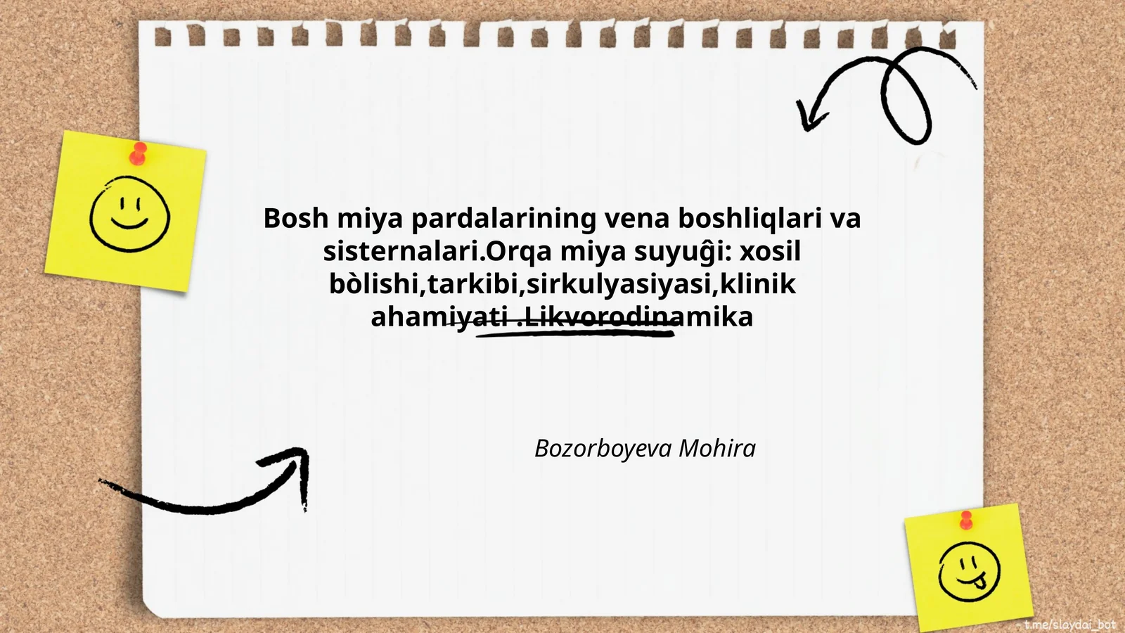 Bosh miya pardalarining vena boshliqlari va sisternalari.Orqa miya suyuĝi: xosil bòlishi,tarkibi,sirkulyasiyasi,klinik ahamiyati.Likvorodinamika