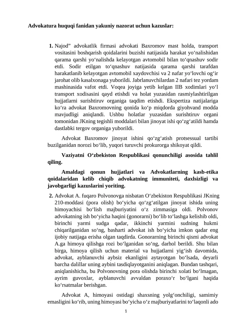 Advokatura huquqi fanidan yakuniy nazorat uchun kazuslar