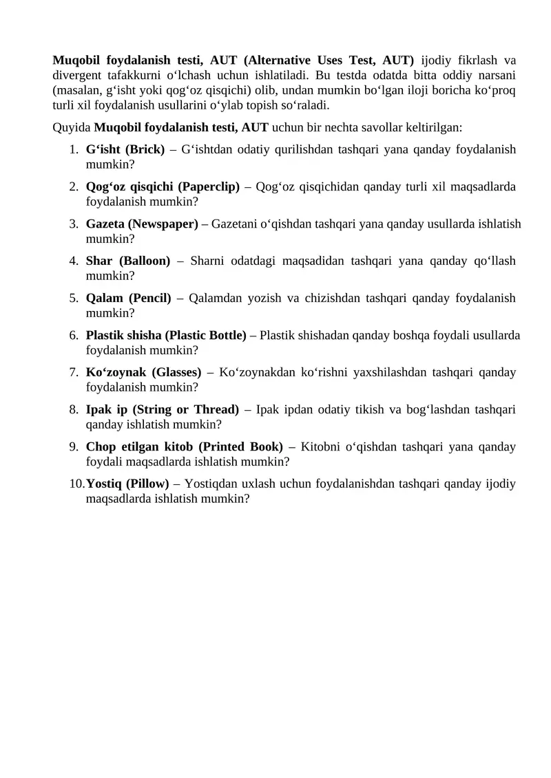 Muqobil foydalanish testi (Alternative Uses Test)