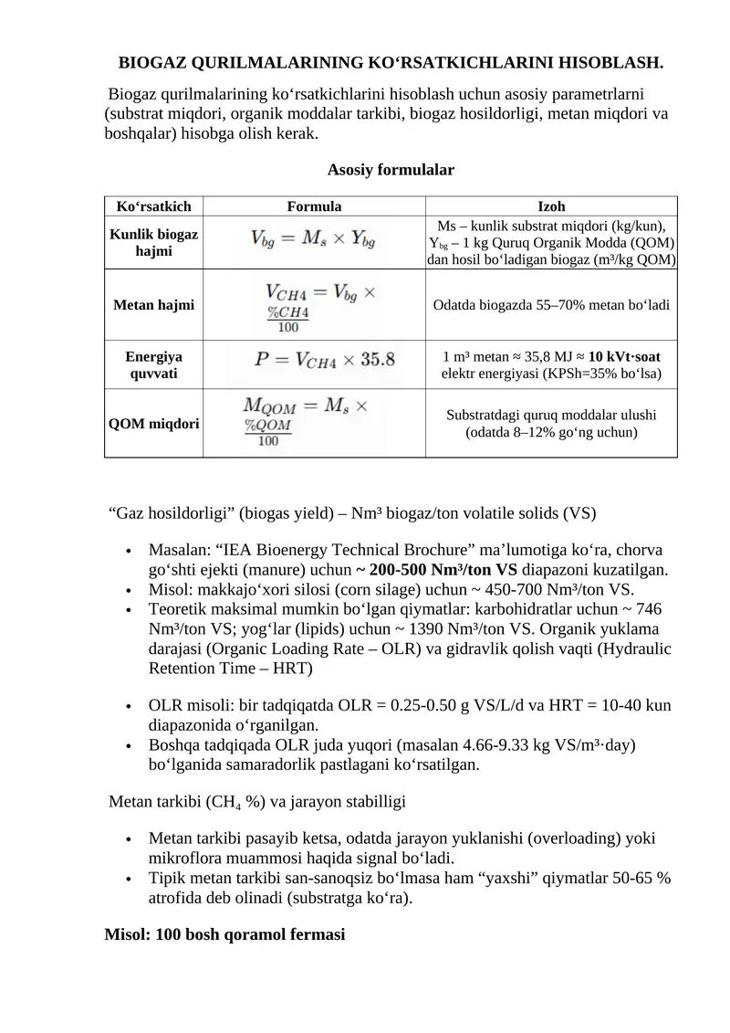 Biogaz qurilmalarining ko‘rsatkichlarini hisoblash
