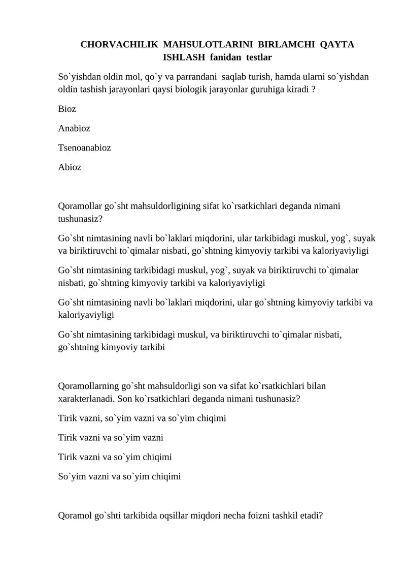 CHORVACHILIK MAHSULOTLARINI BIRLAMCHI QAYTA ISHLASH fanidan testlar