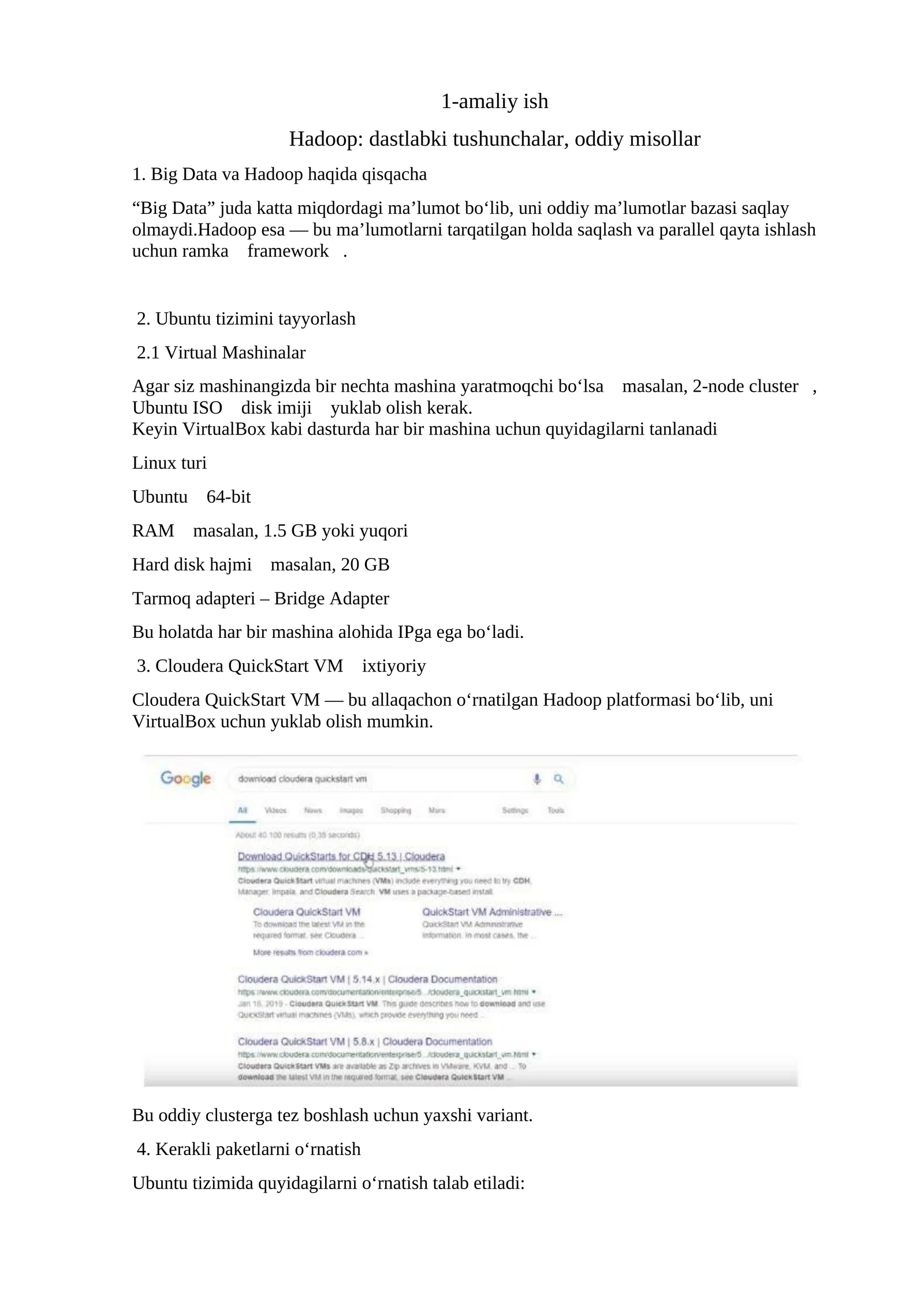 Hadoop: dastlabki tushunchalar, oddiy misollar