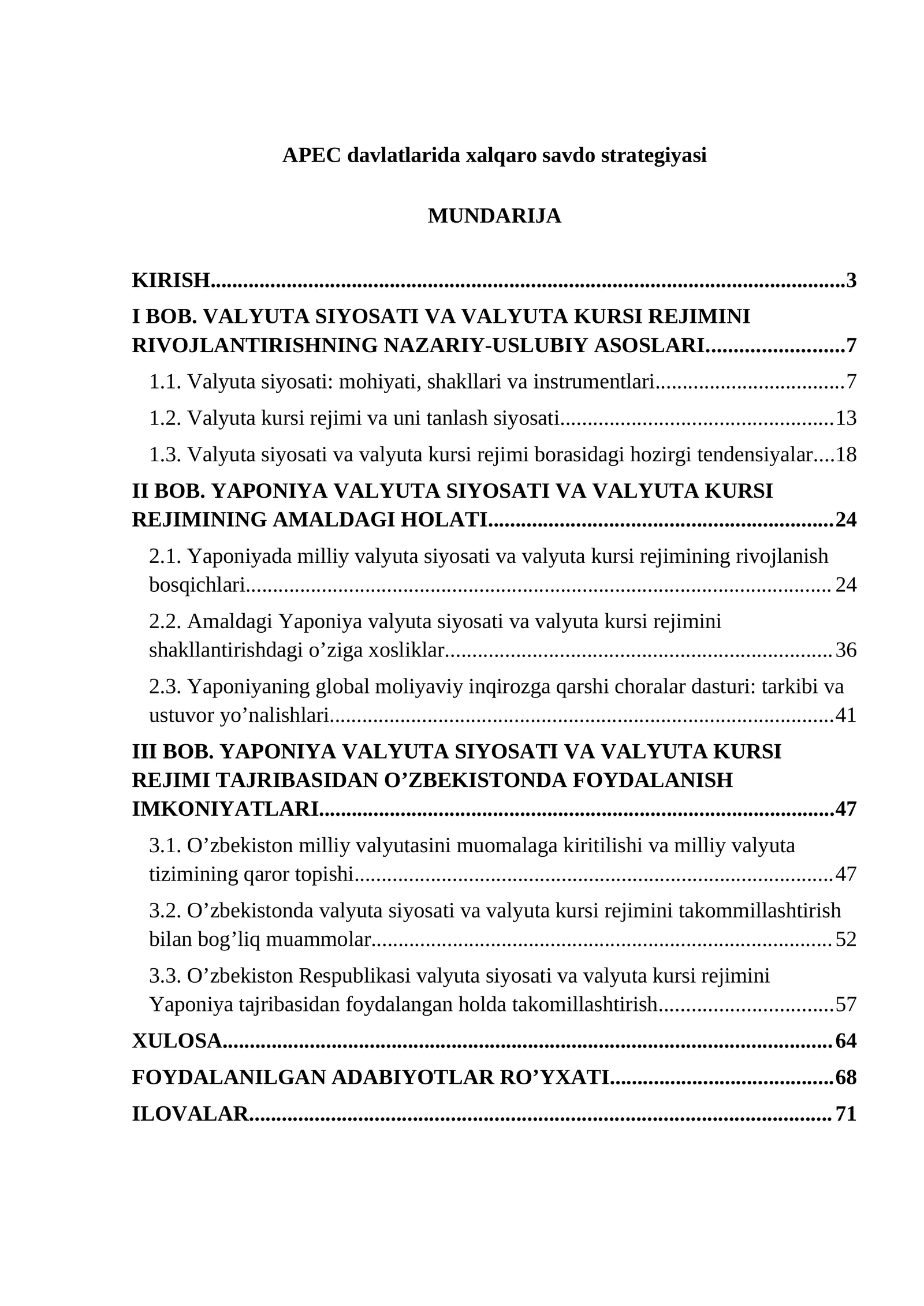 APEC davlatlarida xalqaro savdo strategiyasi