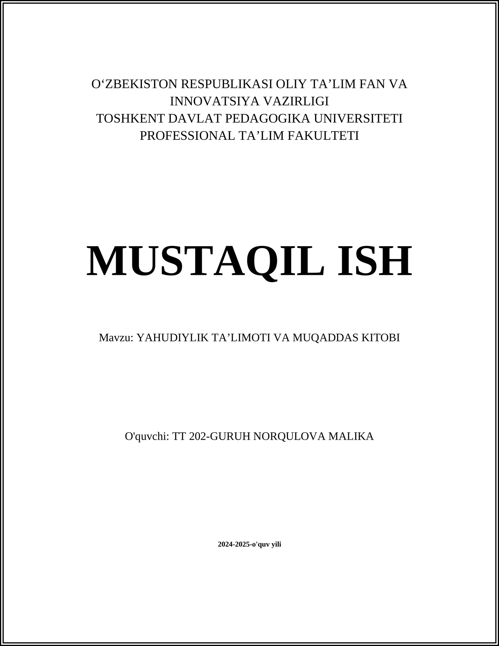YAHUDIYLIK TAʼLIMOTI VA MUQADDAS KITOBI