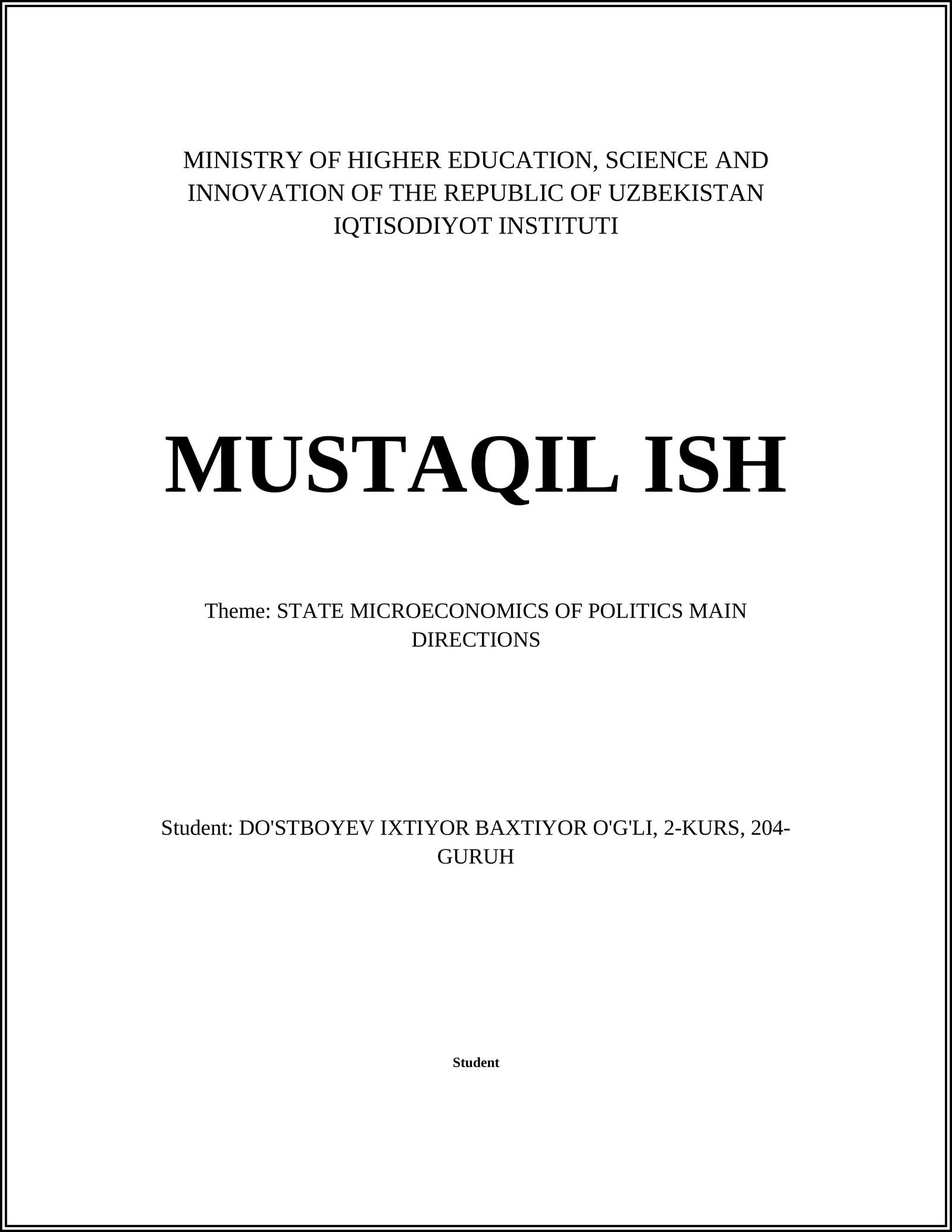 STATE MICROECONOMICS OF POLITICS MAIN DIRECTIONS