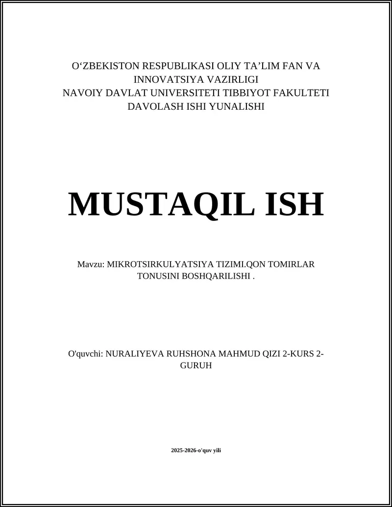 MIKROTSIRKULYATSIYA TIZIMI.QON TOMIRLAR TONUSINI BOSHQARILISHI