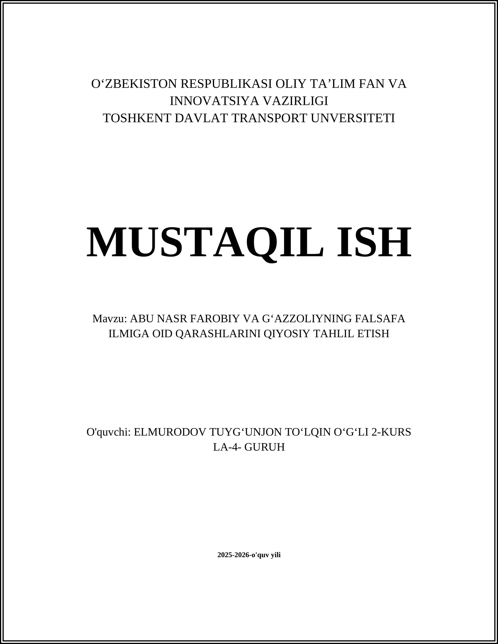 ABU NASR FAROBIY VA G‘AZZOLIYNING FALSAFA ILMIGA OID QARASHLARINI QIYOSIY TAHLIL ETISH