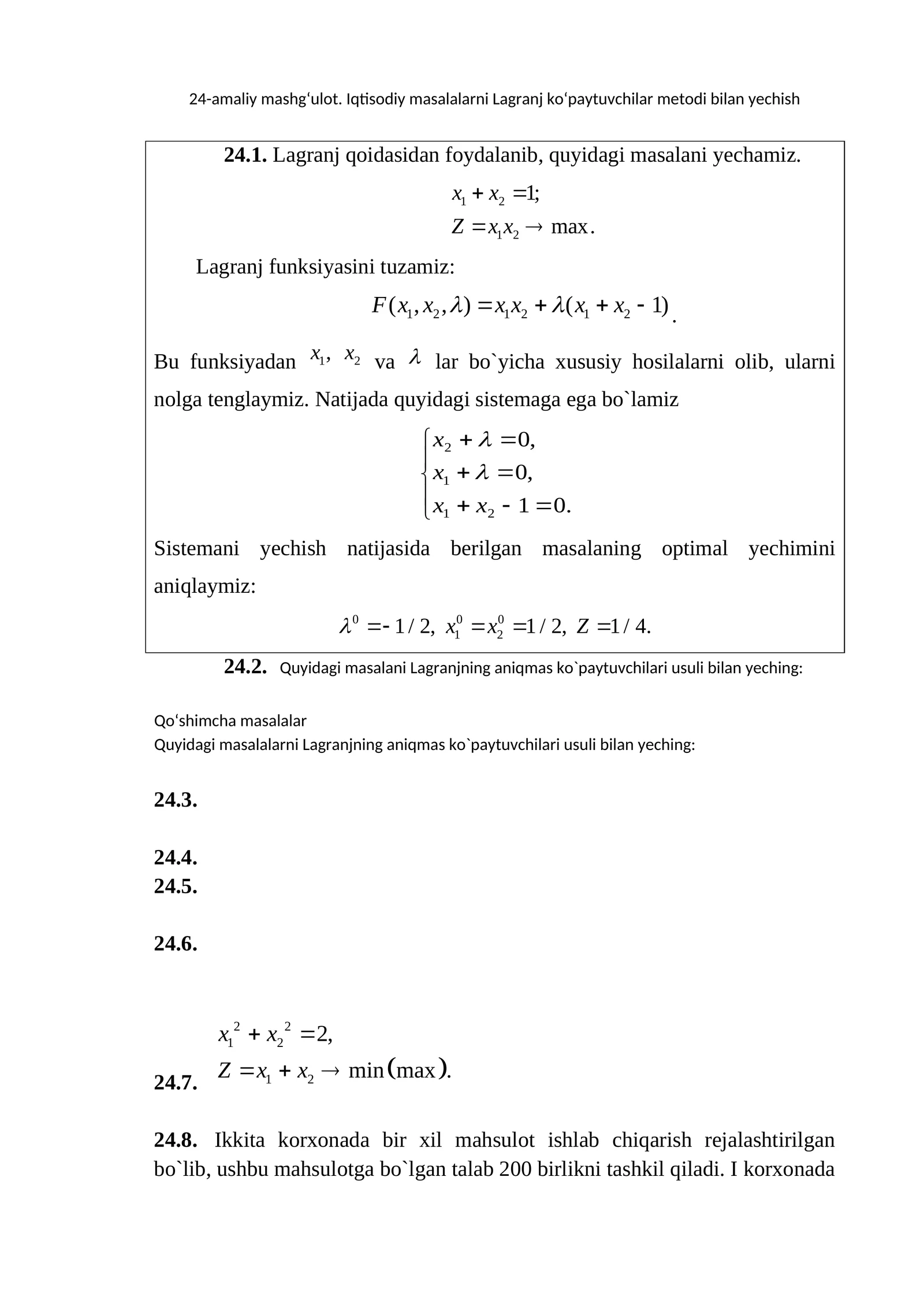 Lagranj ko‘paytuvchilar metodi bilan iqtisodiy masalarni yechish