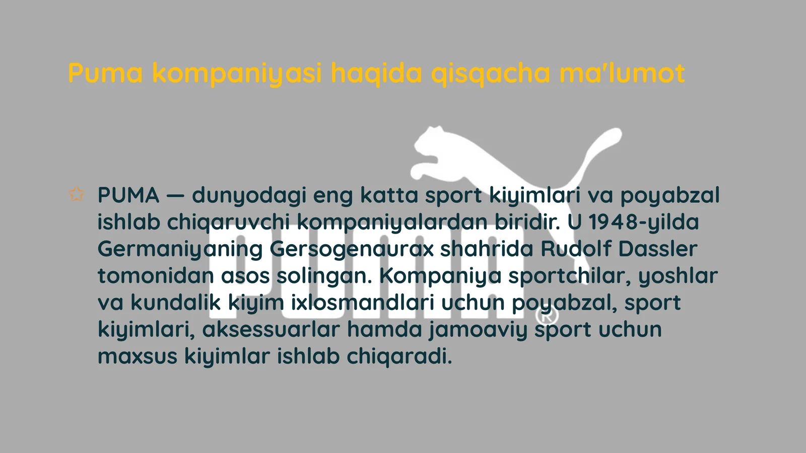 Puma kompaniyasi haqida qisqacha ma'lumot