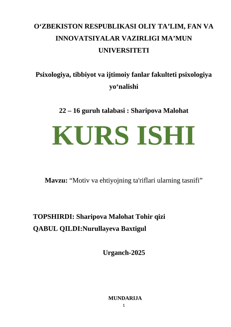 Motiv va ehtiyojning ta'riflari ularning tasnifi