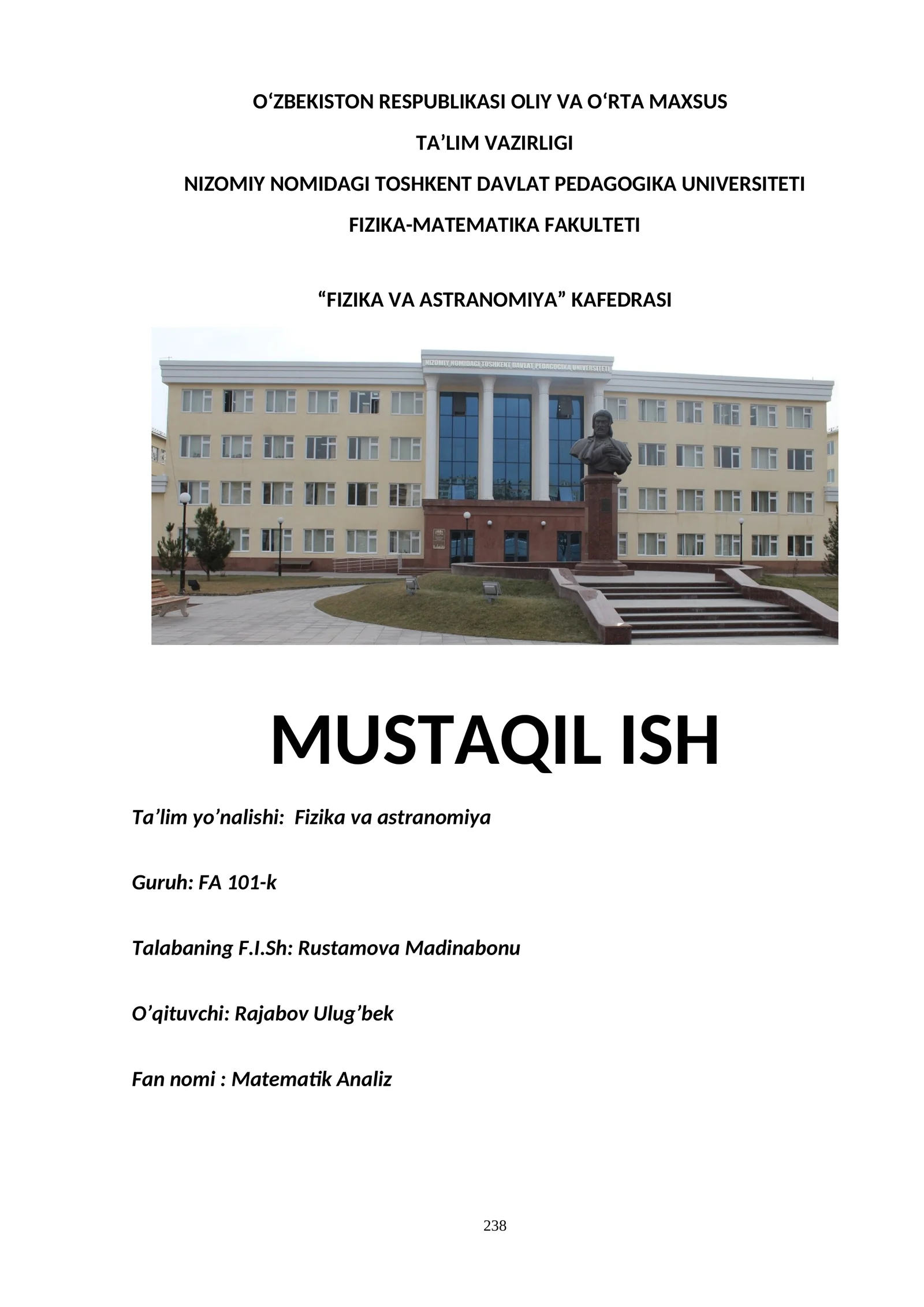 Fizika va Astronomiya - Matematik Analiz