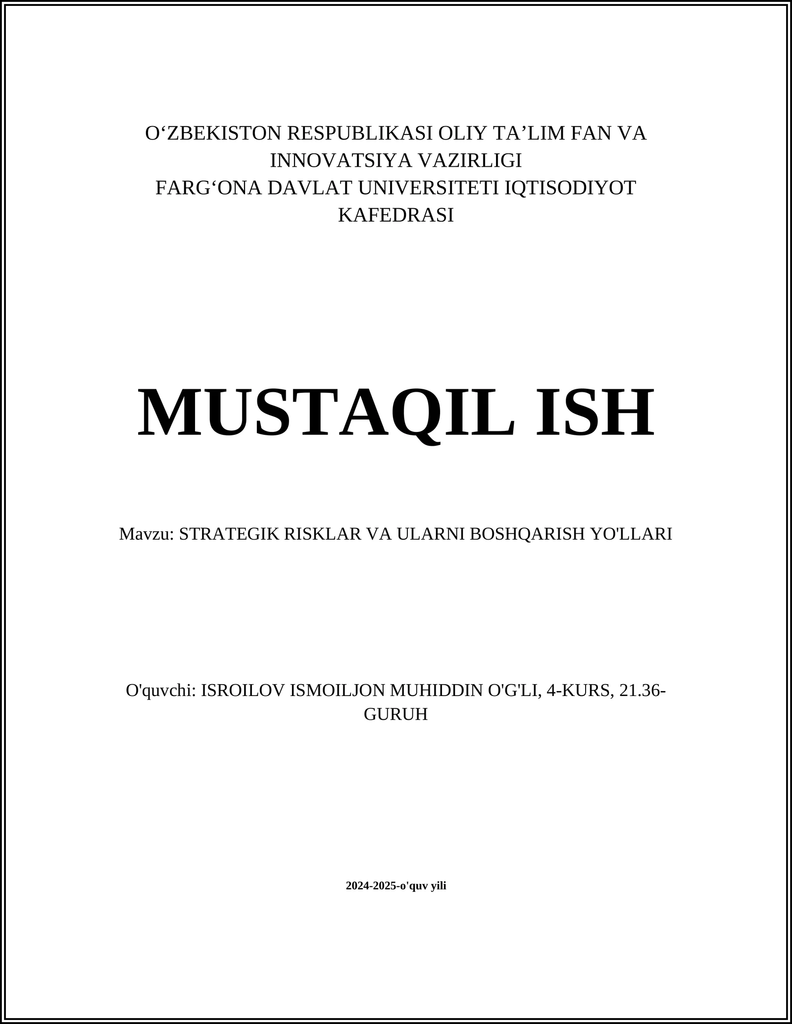 STRATEGIK RISKLAR VA ULARNI BOSHQARISH YO'LLARI