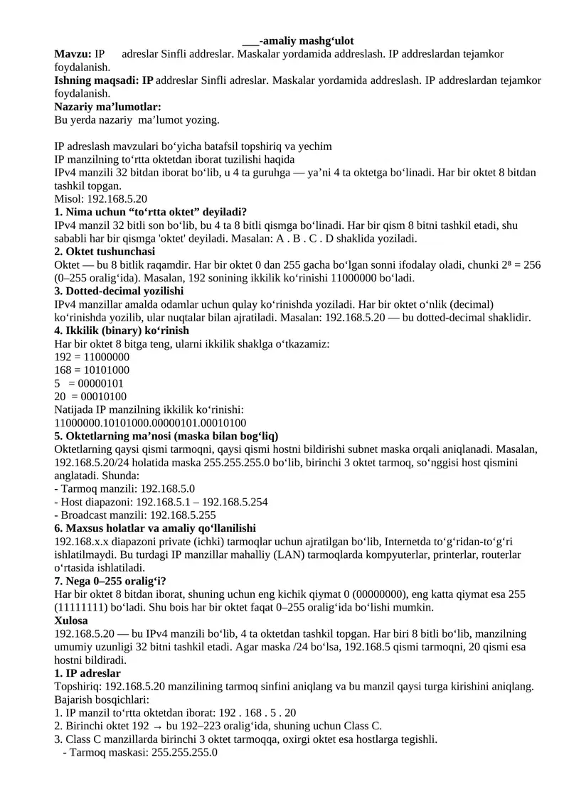 IP Adreslar va Maskalar