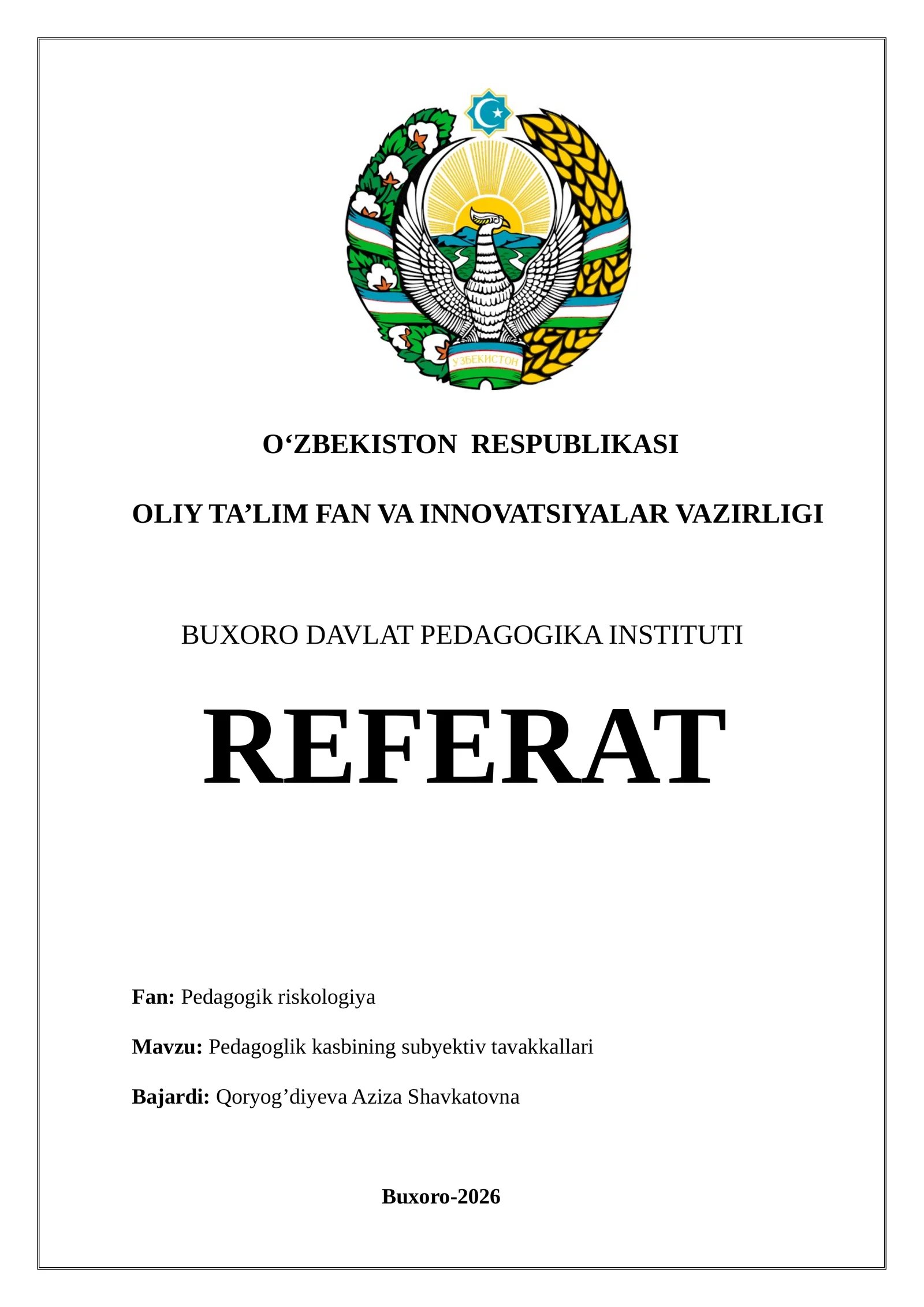 Pedagoglik kasbining subyektiv tavakkallari