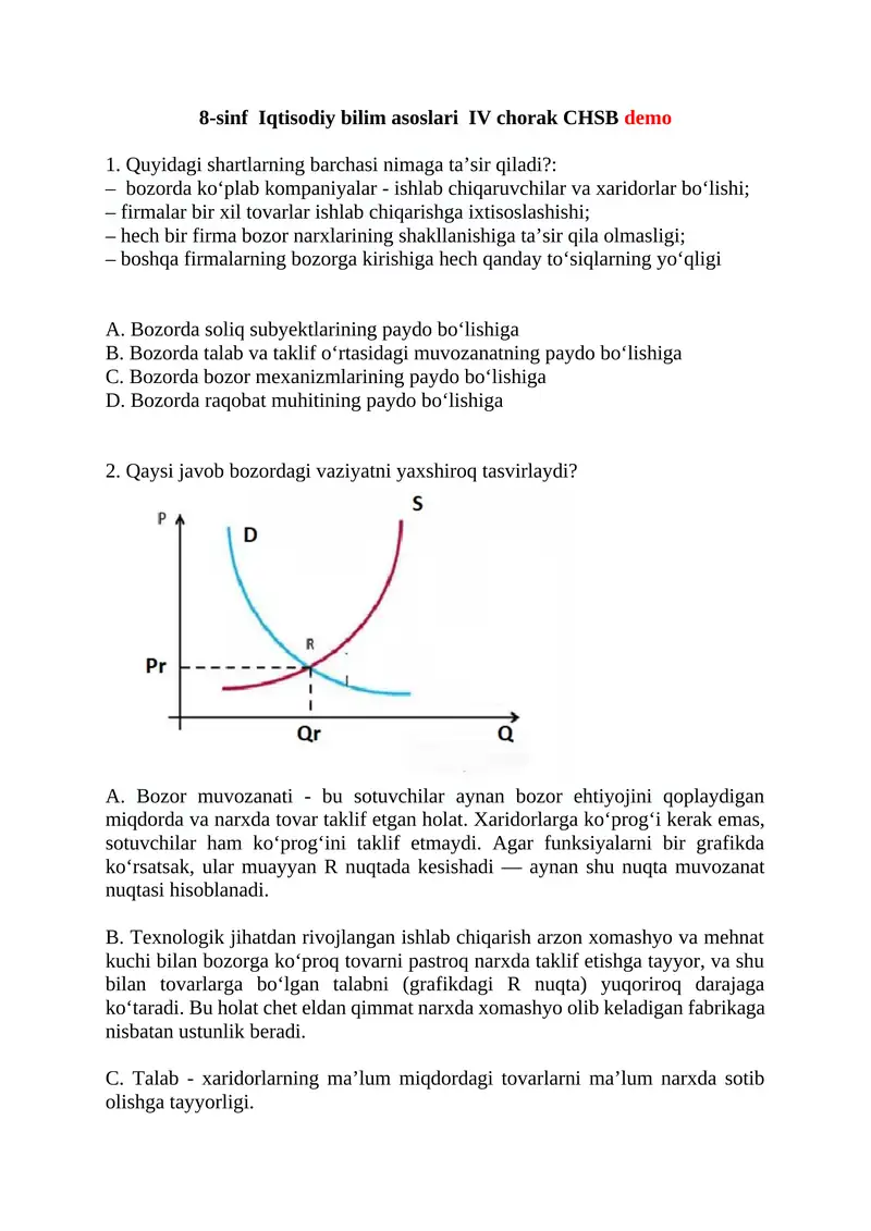 8-sinf Iqtisodiy bilim asoslari IV chorak CHSB demo