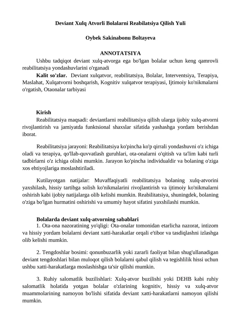 Deviant Xulq Atvorli Bolalarni Reabilatsiya Qilish Yuli