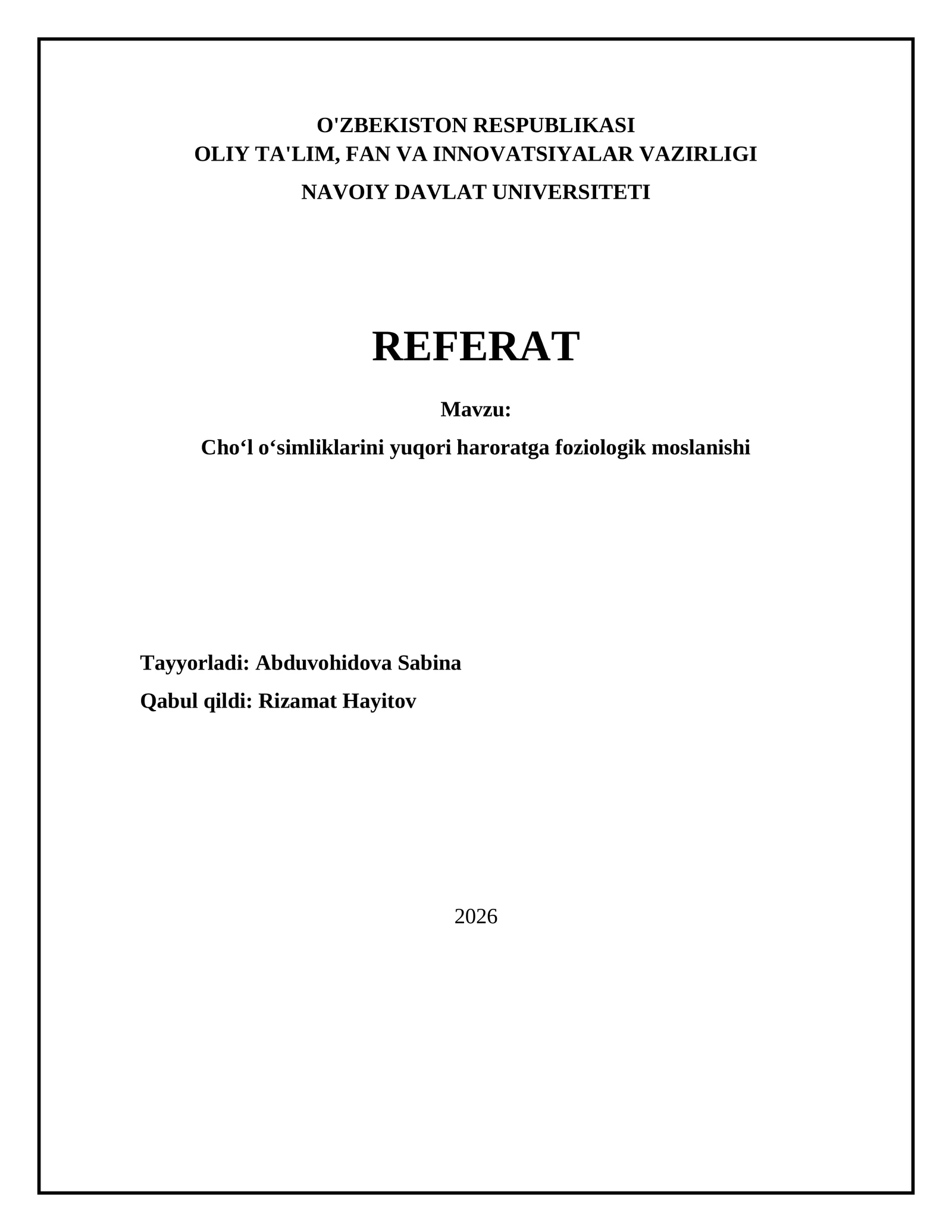 Choʻl oʻsimliklarini yuqori haroratga foziologik moslanishi