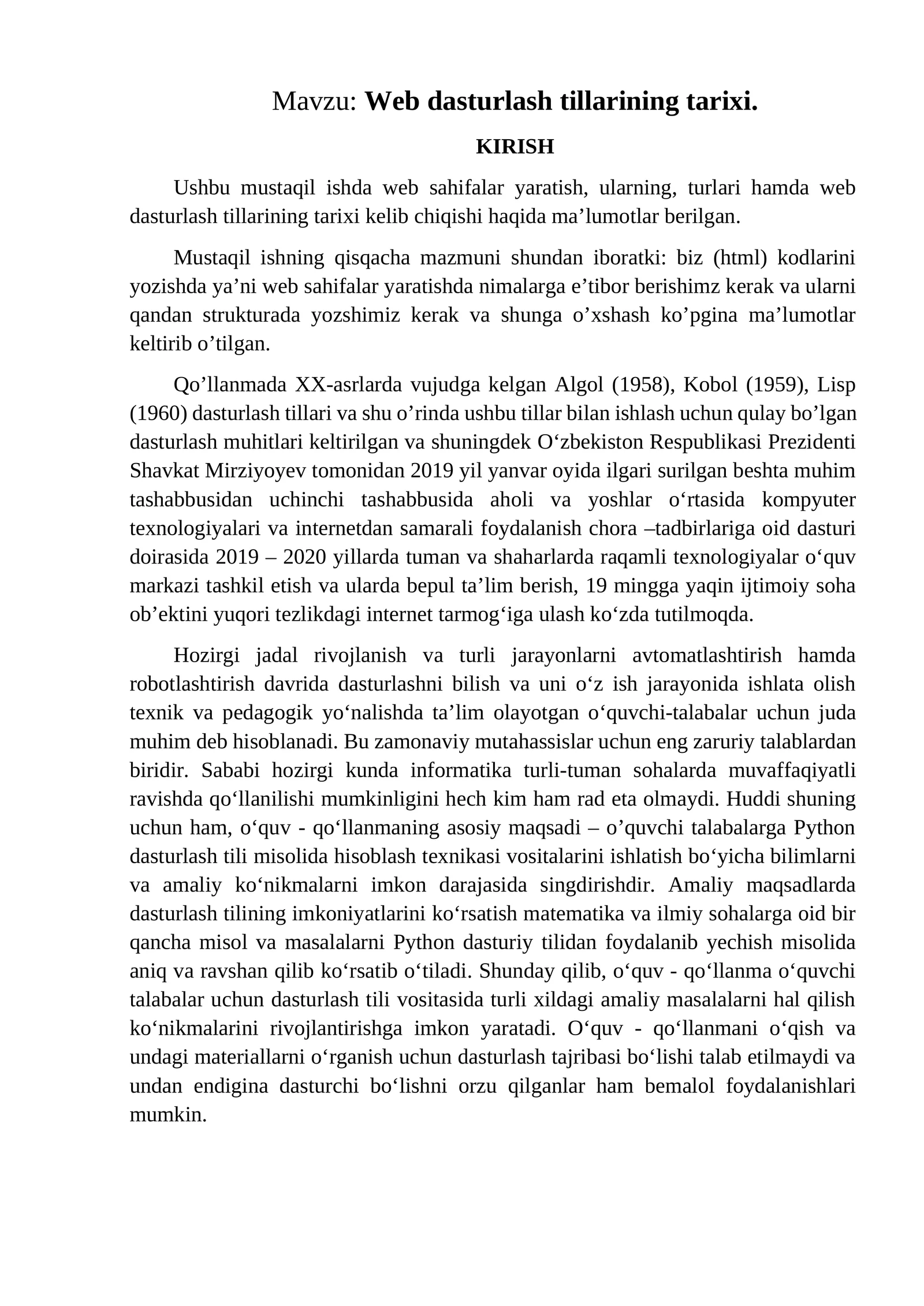 Web dasturlash tillarining tarixi