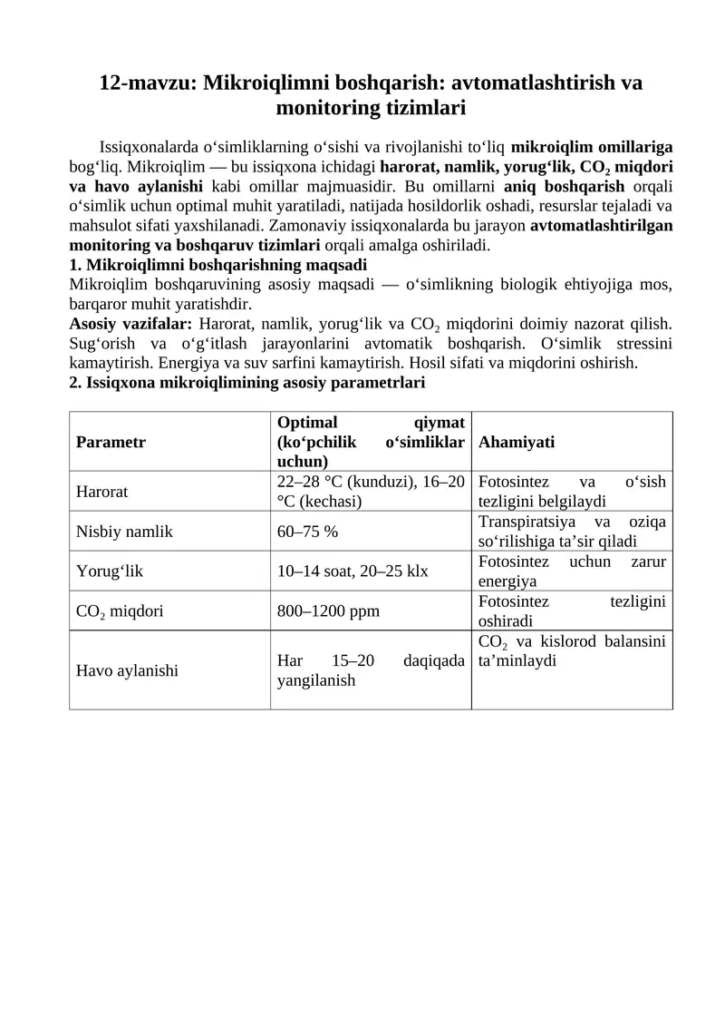 12-mavzu: Mikroiqlimni boshqarish: avtomatlashtirish va monitoring tizimlari
