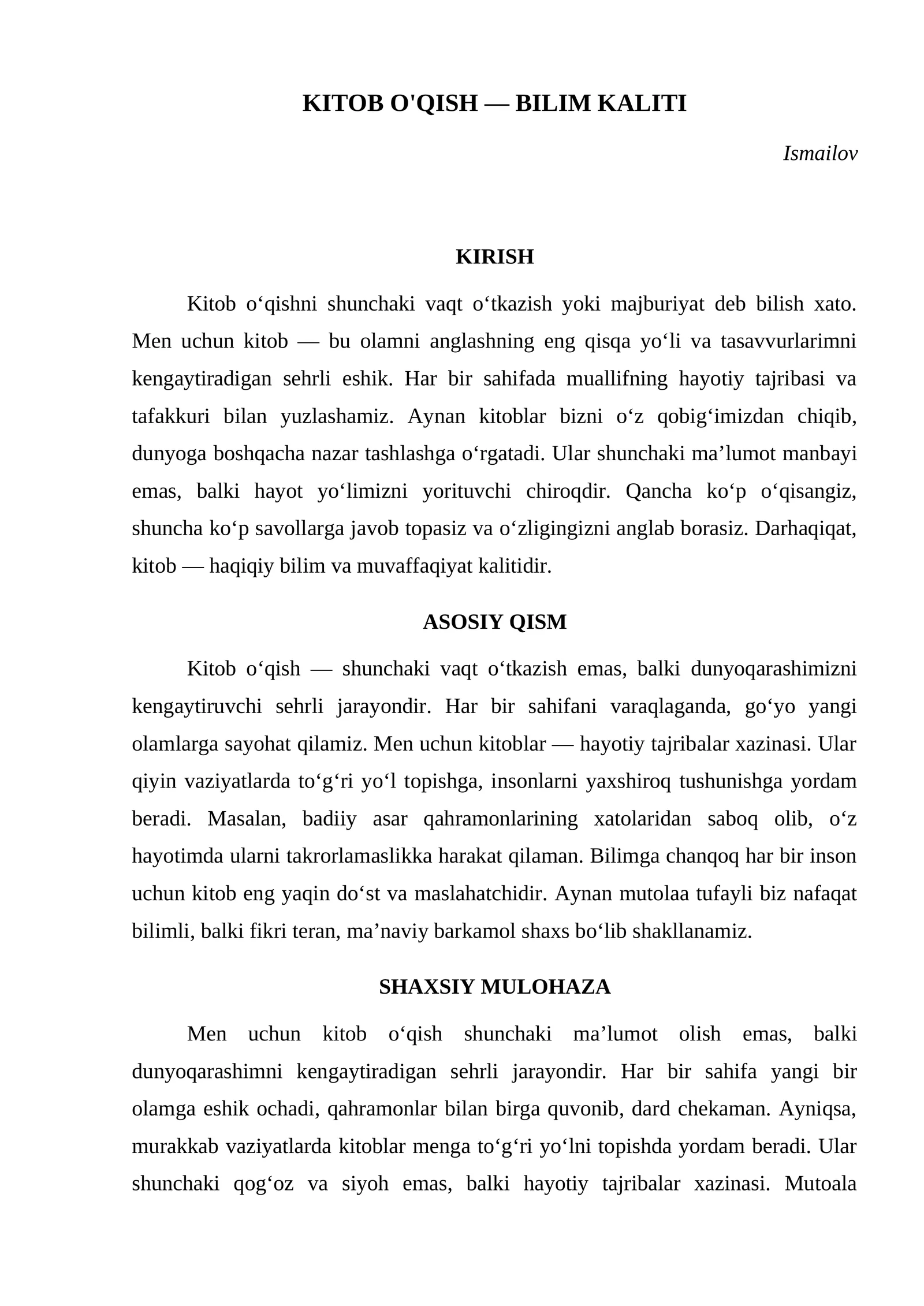 KITOB O'QISH — BILIM KALITI