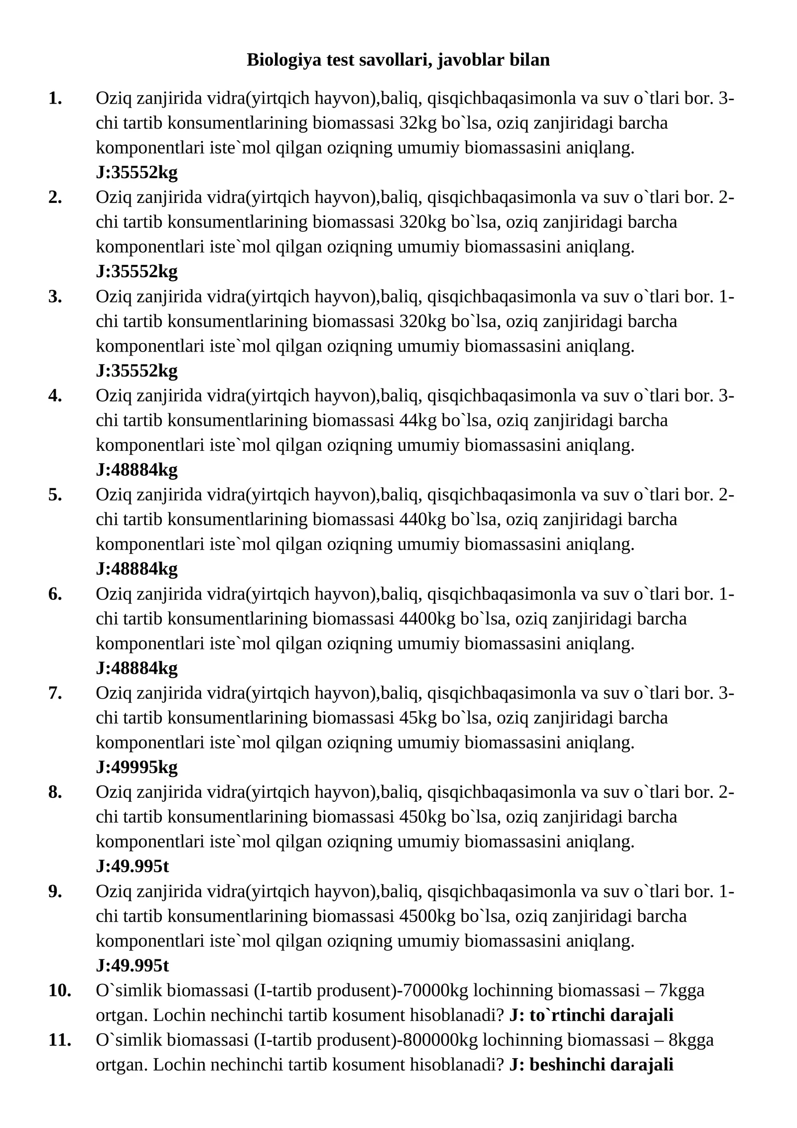 Biologiya test savollari, javoblar bilan