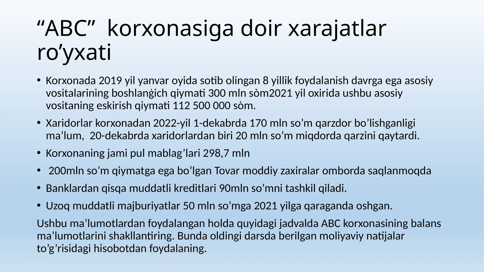 “ABC” korxonasiga doir xarajatlar ro’yxati