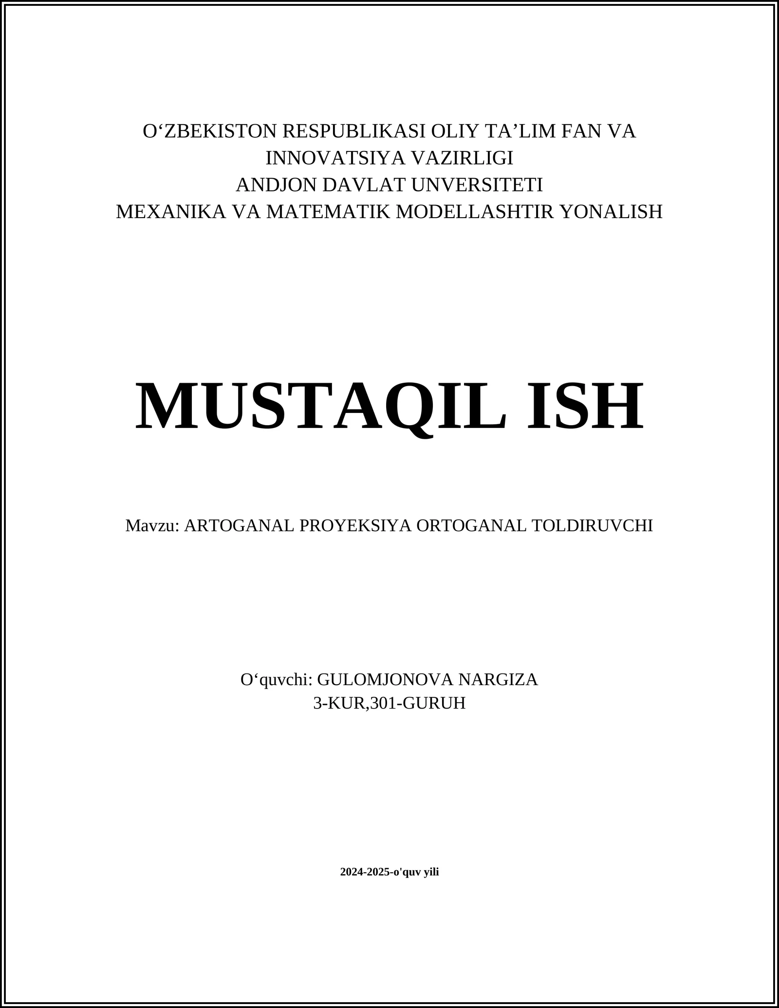 ARTOGANAL PROYEKSIYA ORTOGANAL TOLDIRUVCHI