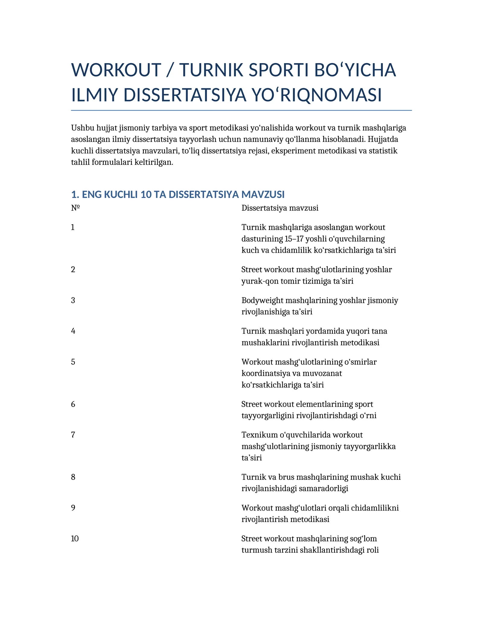 WORKOUT / TURNIK SPORTI BO‘YICHA ILMIY DISSERTATSIYA YO‘RIQNOMASI