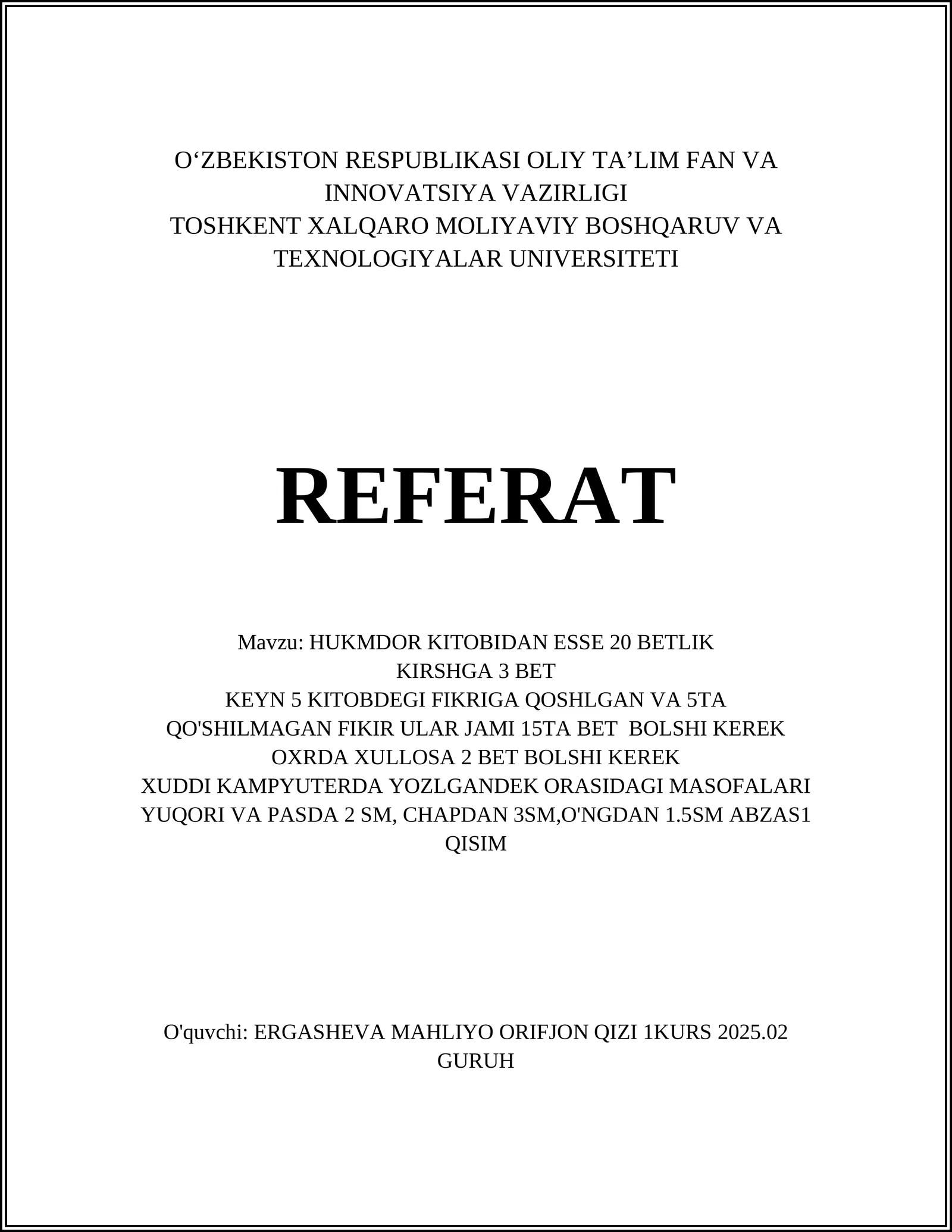 HUKMDOR KITOBIDAN ESSE 20 BETLIK