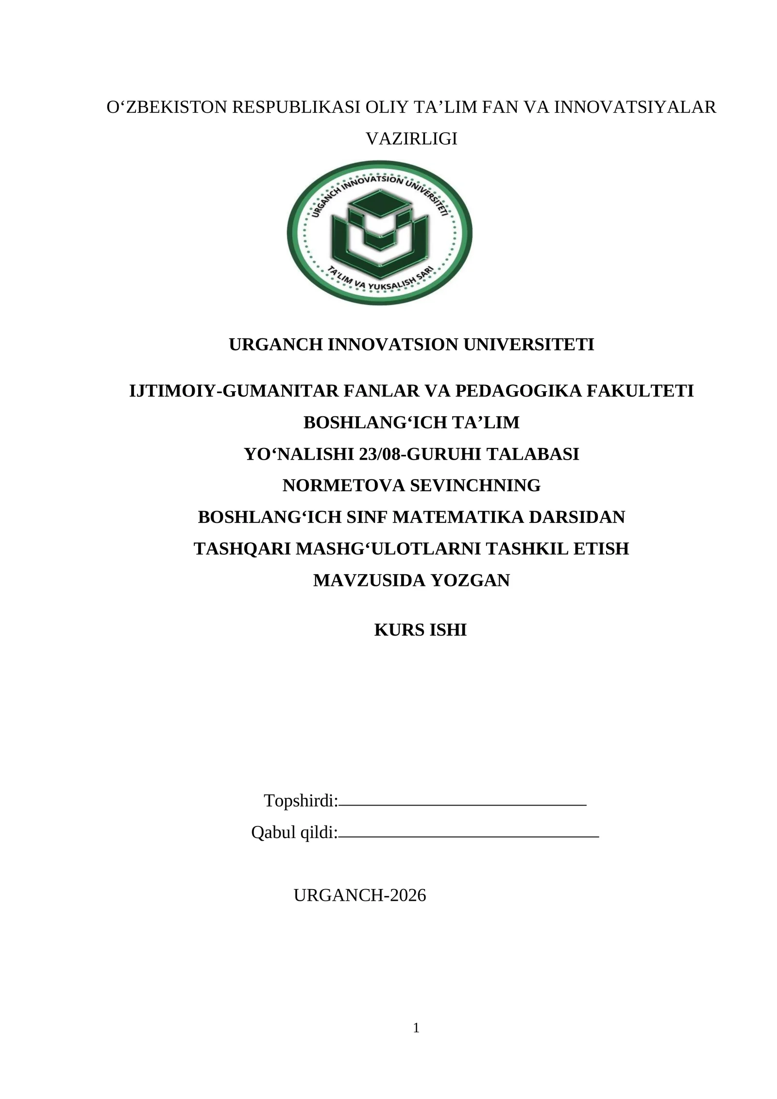 BOSHLANGʻICH SINF MATEMATIKA DARSIDAN TASHQARI MASHG‘ULOTLARNI TASHKIL ETISH