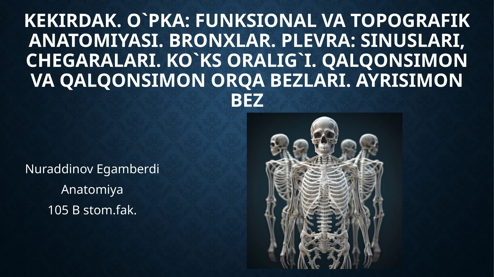 KekIRDAK. O`PKA: FUNKSIONAL VA TOPOGRAFIK ANATOMIYASI. BRONXLAR. PLEVRA: SINUSLARI, CHEGARALARI. KO`KS ORALIG`I. QALQONSIMON VA QALQONSIMON ORQA BEZLARI. AYRISIMON BEZ