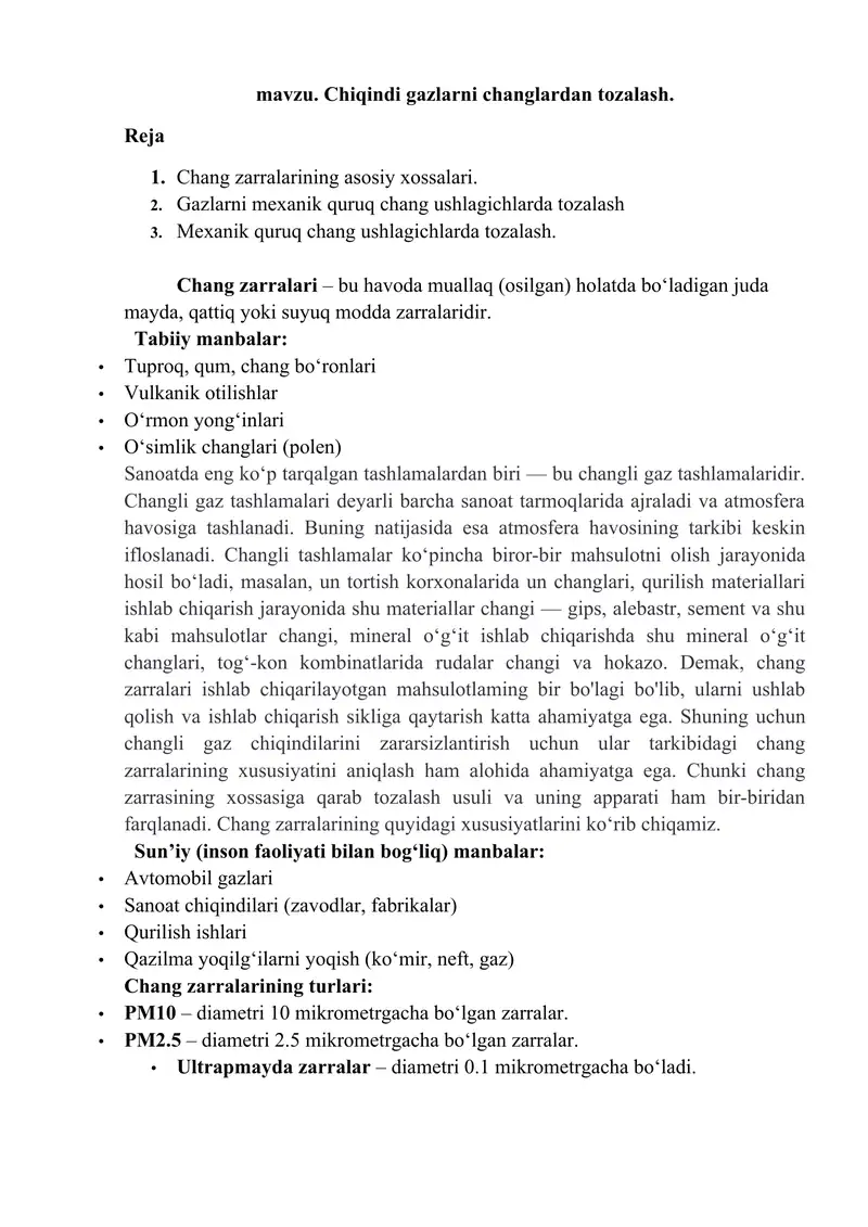 Chang zarralari - gazlarni tozalash