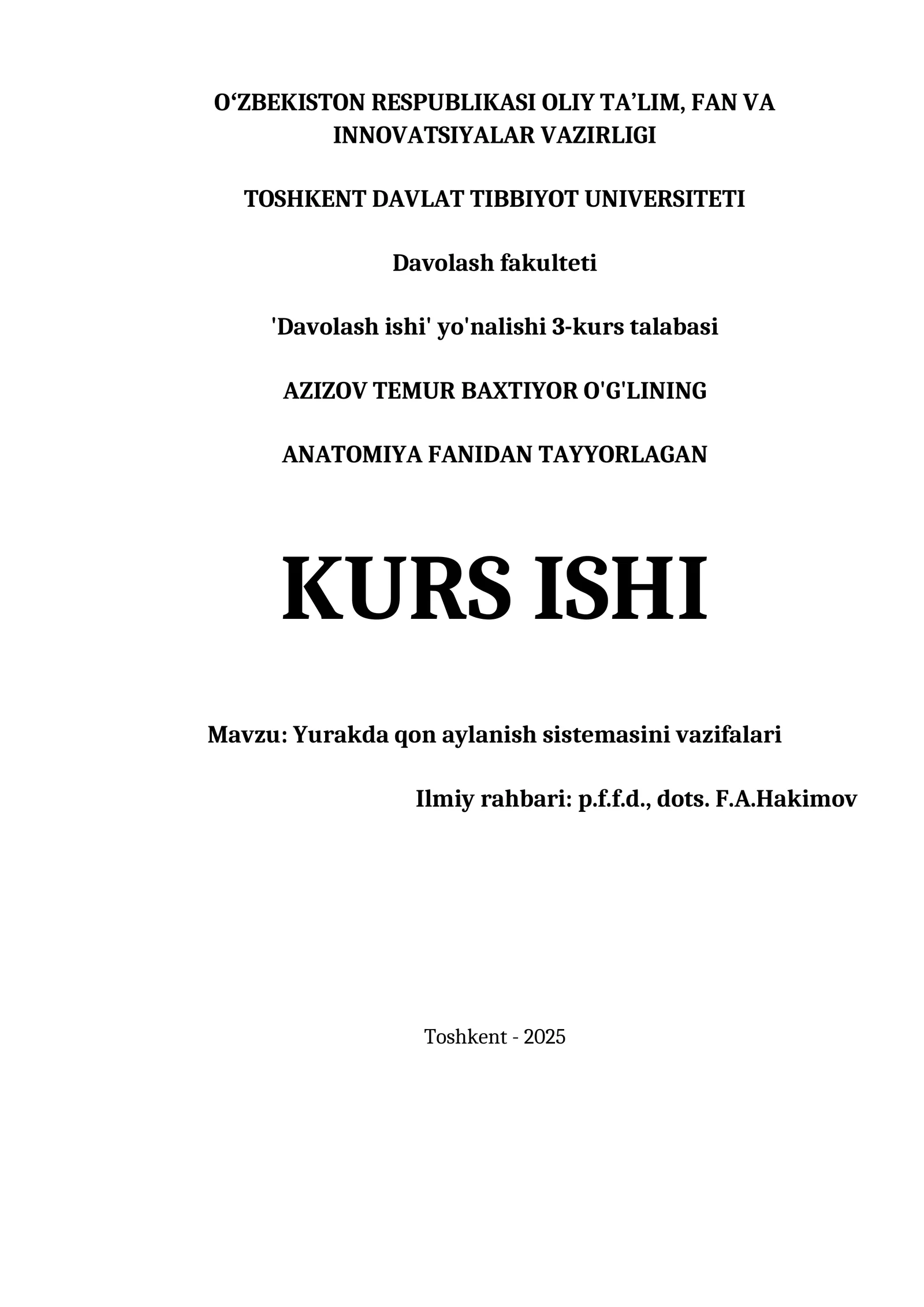 Yurakda qon aylanish sistemasini vazifalari