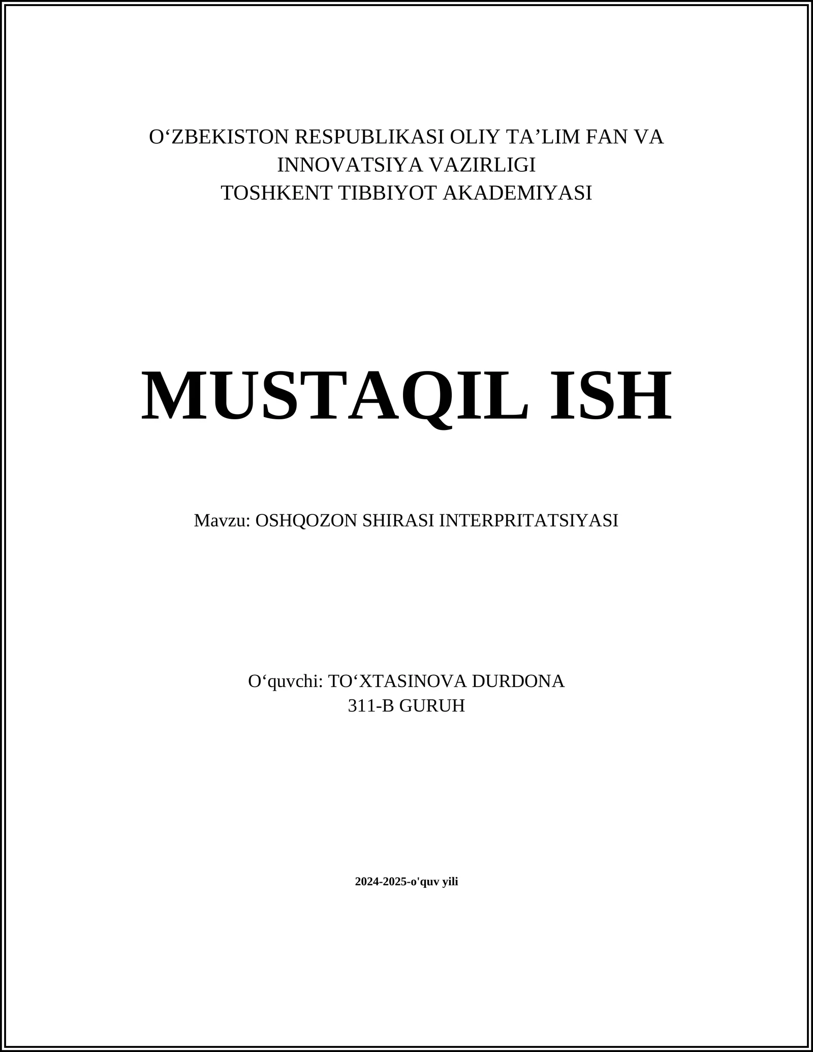 OSHQOZON SHIRASI INTERPRITATSIYASI