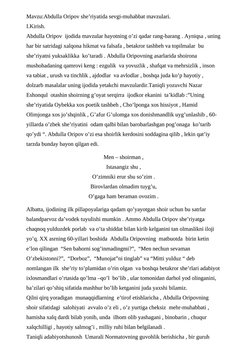 Abdulla Oripov she’riyatida sevgi-muhabbat mavzulari