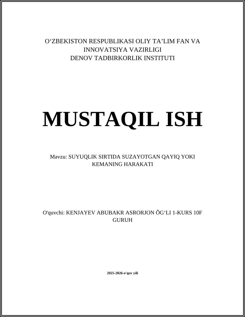 SUYUQLIK SIRTIDA SUZAYOTGAN QAYIQ YOKI KEMANING HARAKATI
