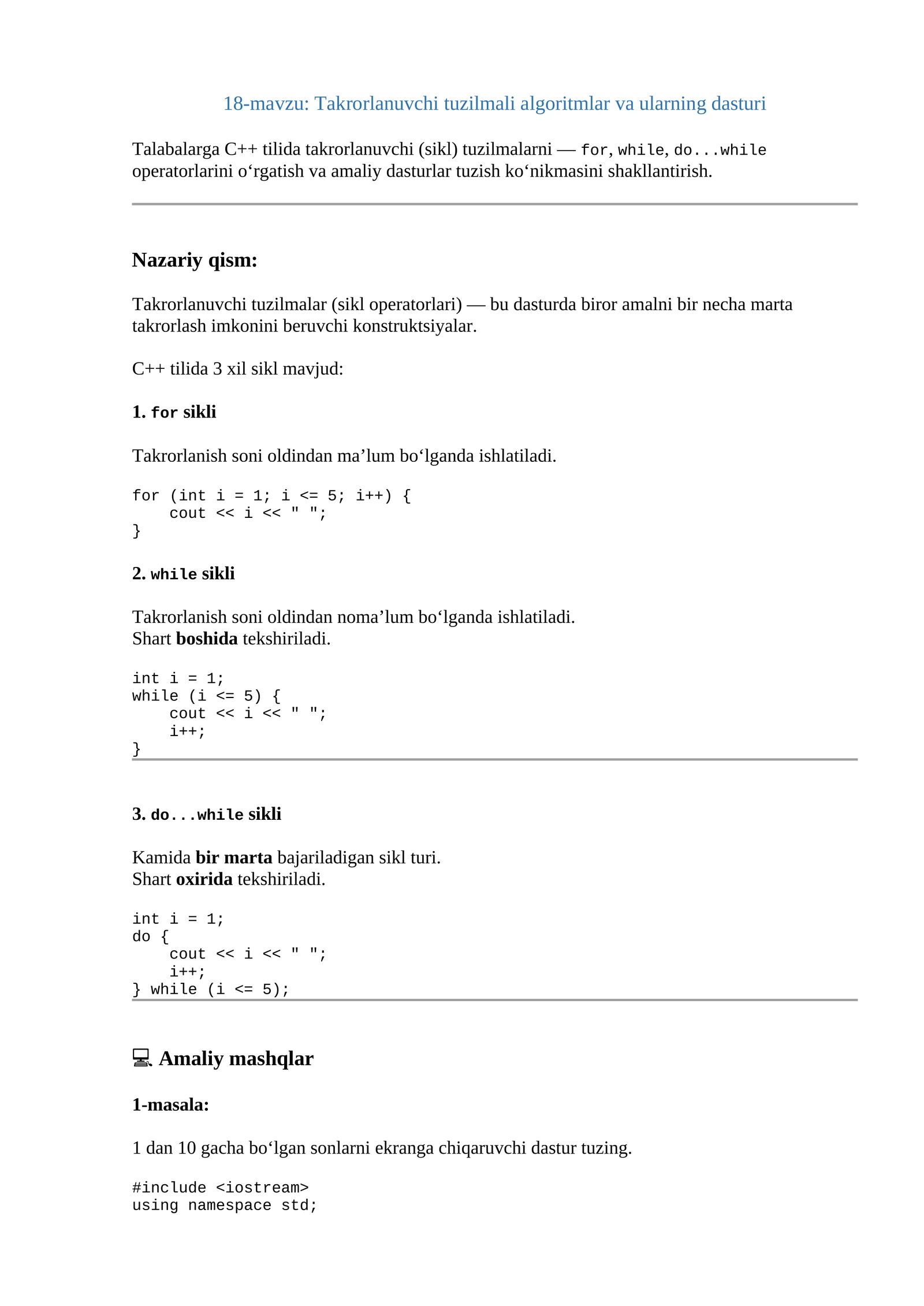 18-mavzu: Takrorlanuvchi tuzilmali algoritmlar va ularning dasturi