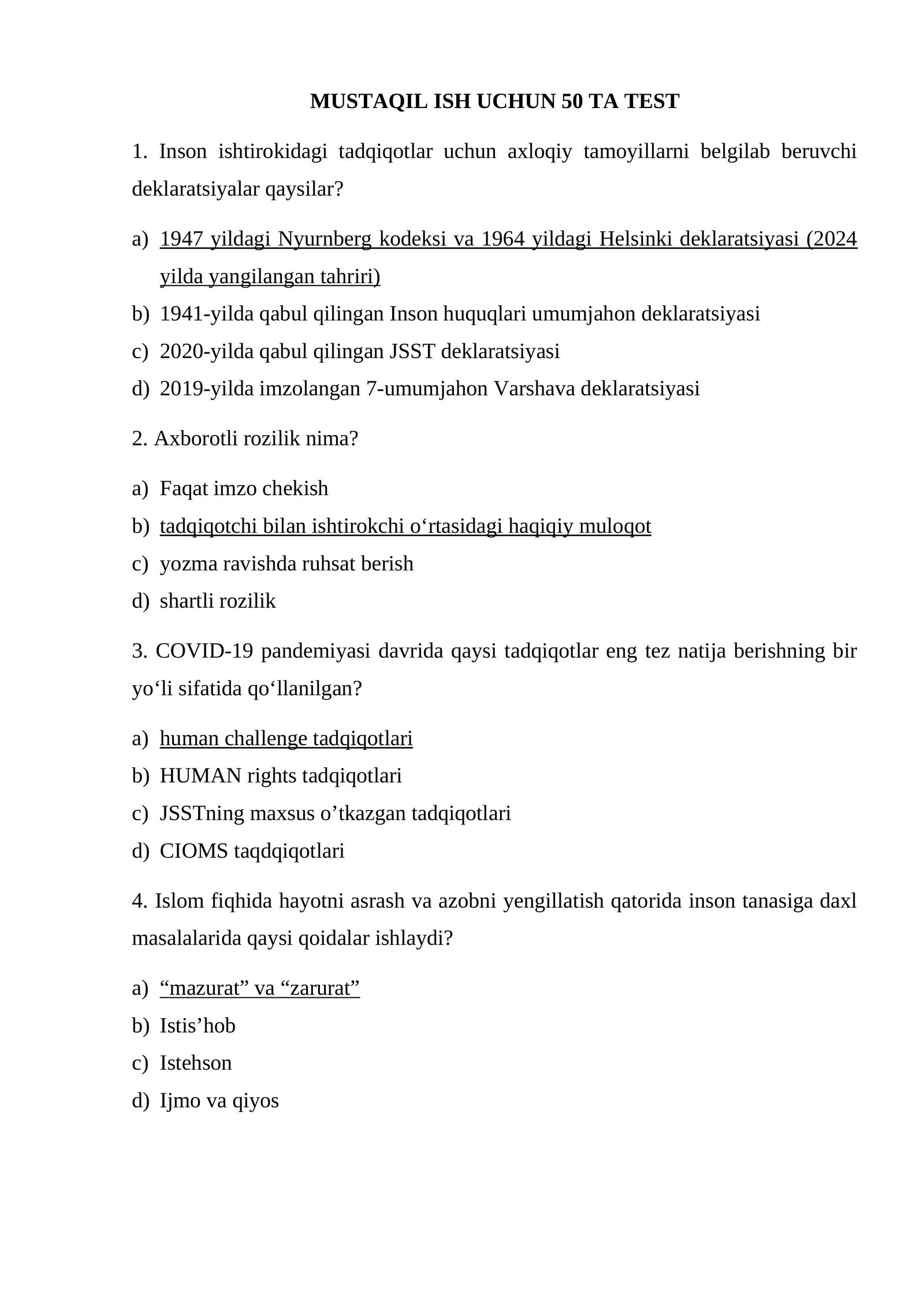 MUSTAQIL ISH UCHUN 50 TA TEST