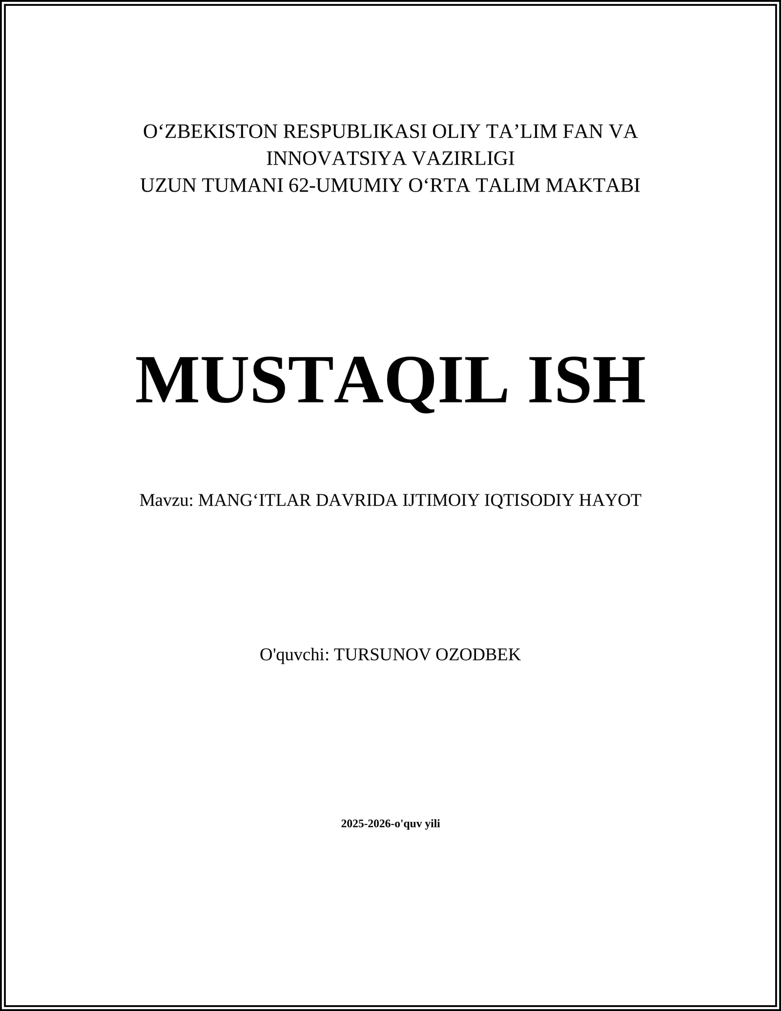 MANGʻITLAR DAVRIDA IJTIMOIY IQTISODIY HAYOT