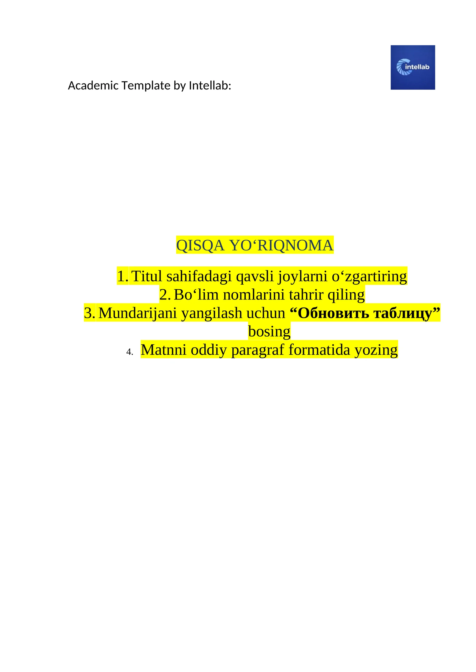 Mustaqil ish Word shabloni (OTM standarti, avtomatik mundarija va format)