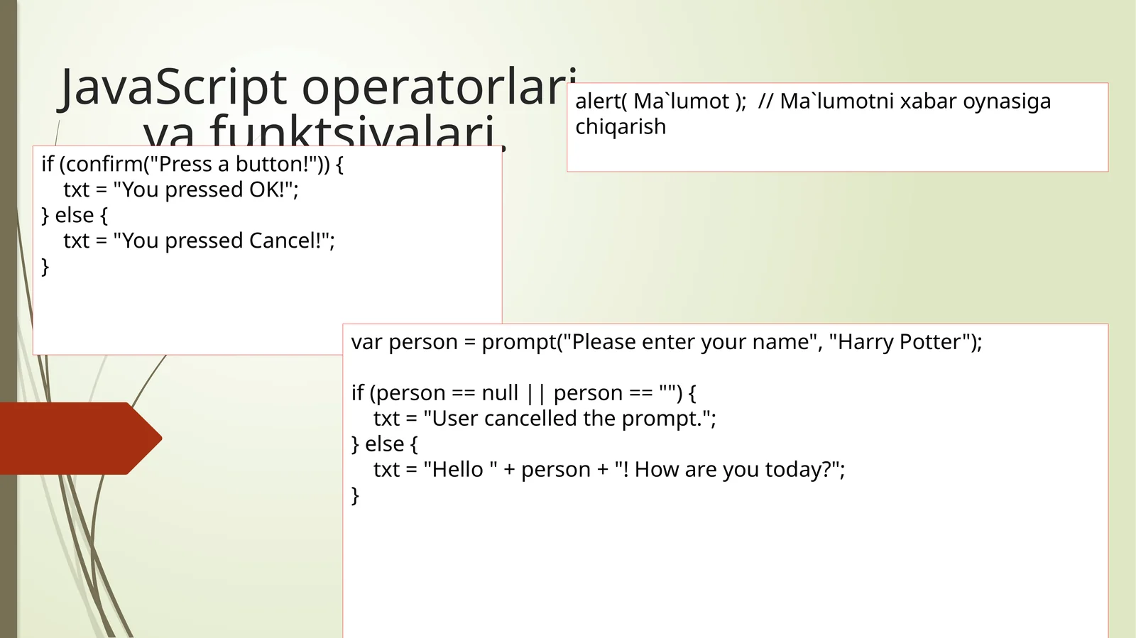 JavaScript operatorlariva funktsiyalari