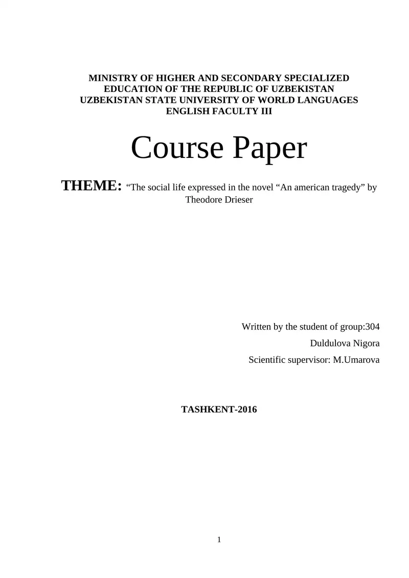 The social life expressed in the novel “An american tragedy” by Theodore Drieser