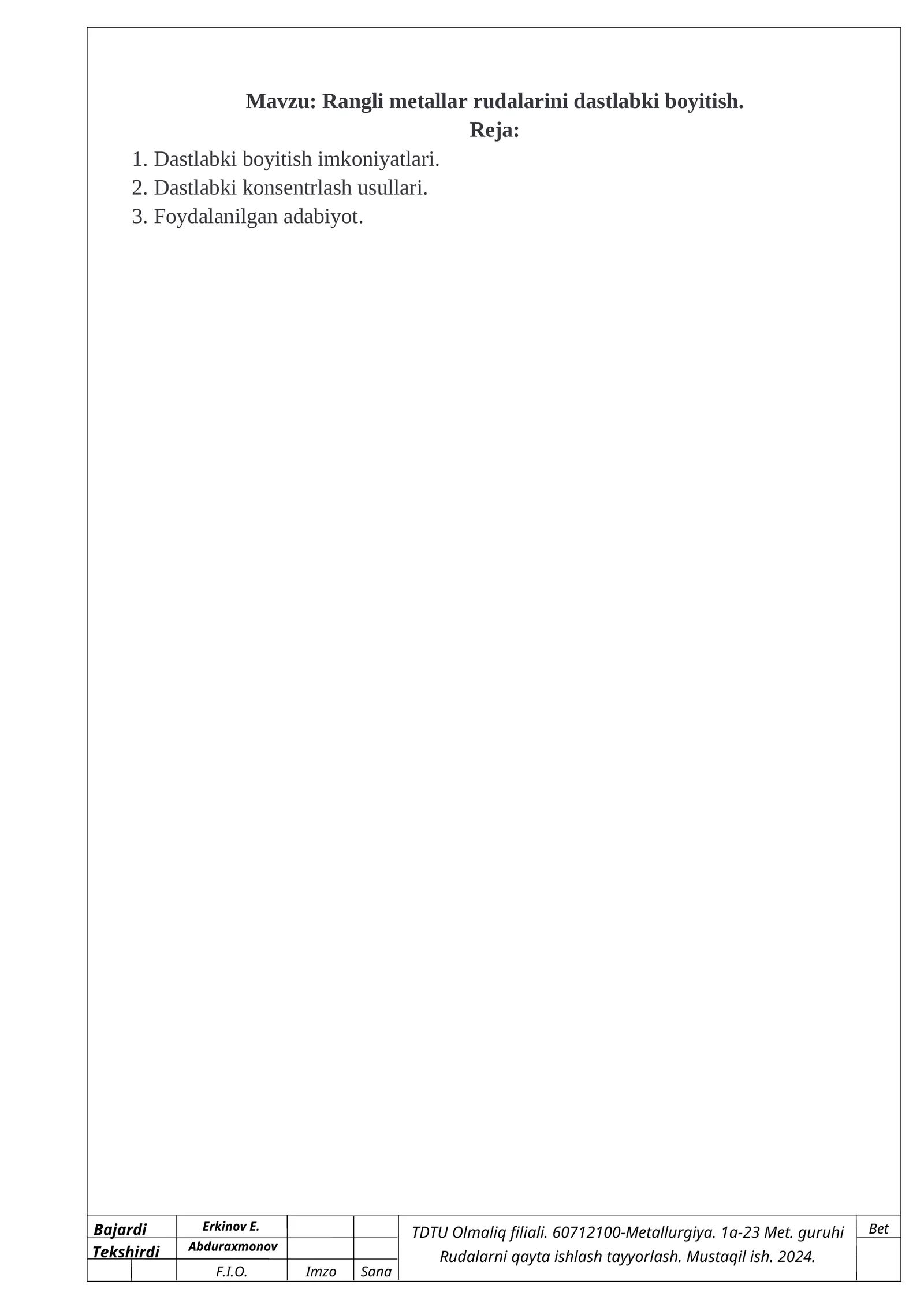 Rangli metallar rudalarini dastlabki boyitish