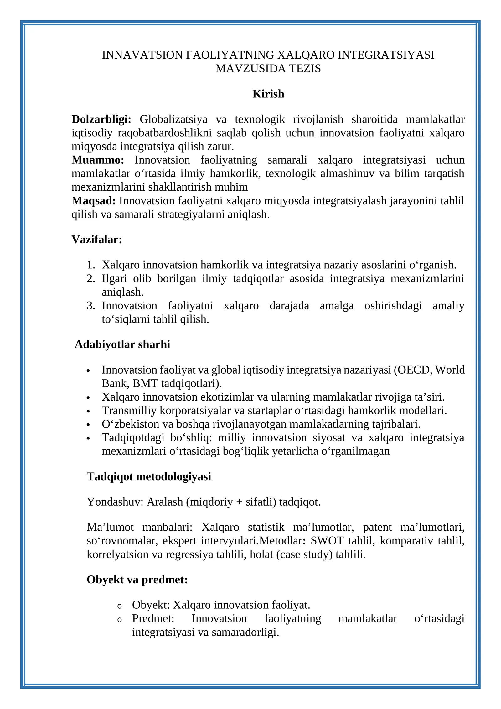 INNAVATSION FAOLIYATNING XALQARO INTEGRATSIYASI TEZIS