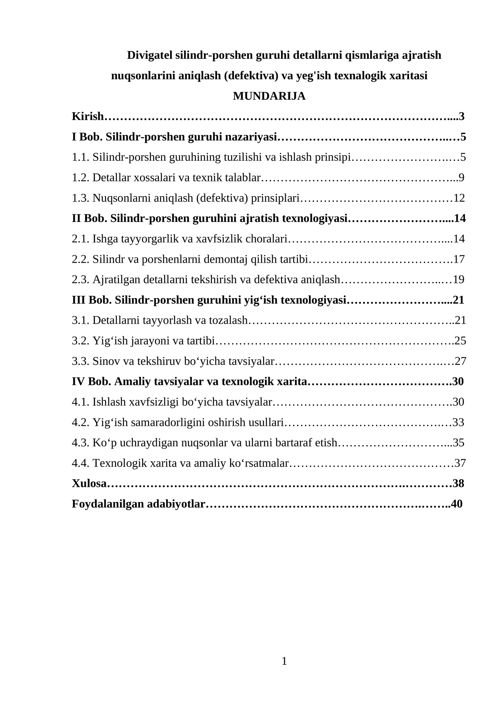 Divigatel silindr-porshen guruhi detallarni qismlariga ajratish nuqsonlarini aniqlash (defektiva) va yeg'ish texnalogik xaritasi
